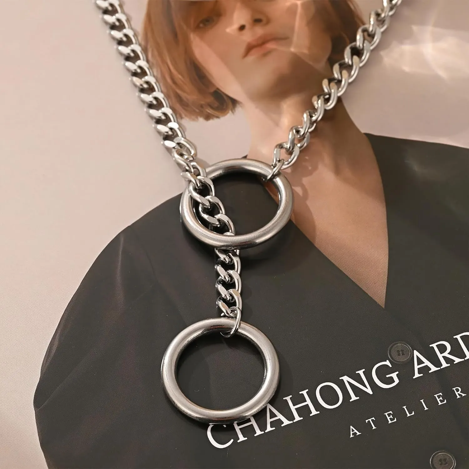 Heart O Ring Slip Chain Choker Necklace for Women Men Stainless Steel Cuban Chain Y-shape Necklaces Punk Rock Collar Adjustable Lariat Y Necklace Prom Necklaces Jewelry