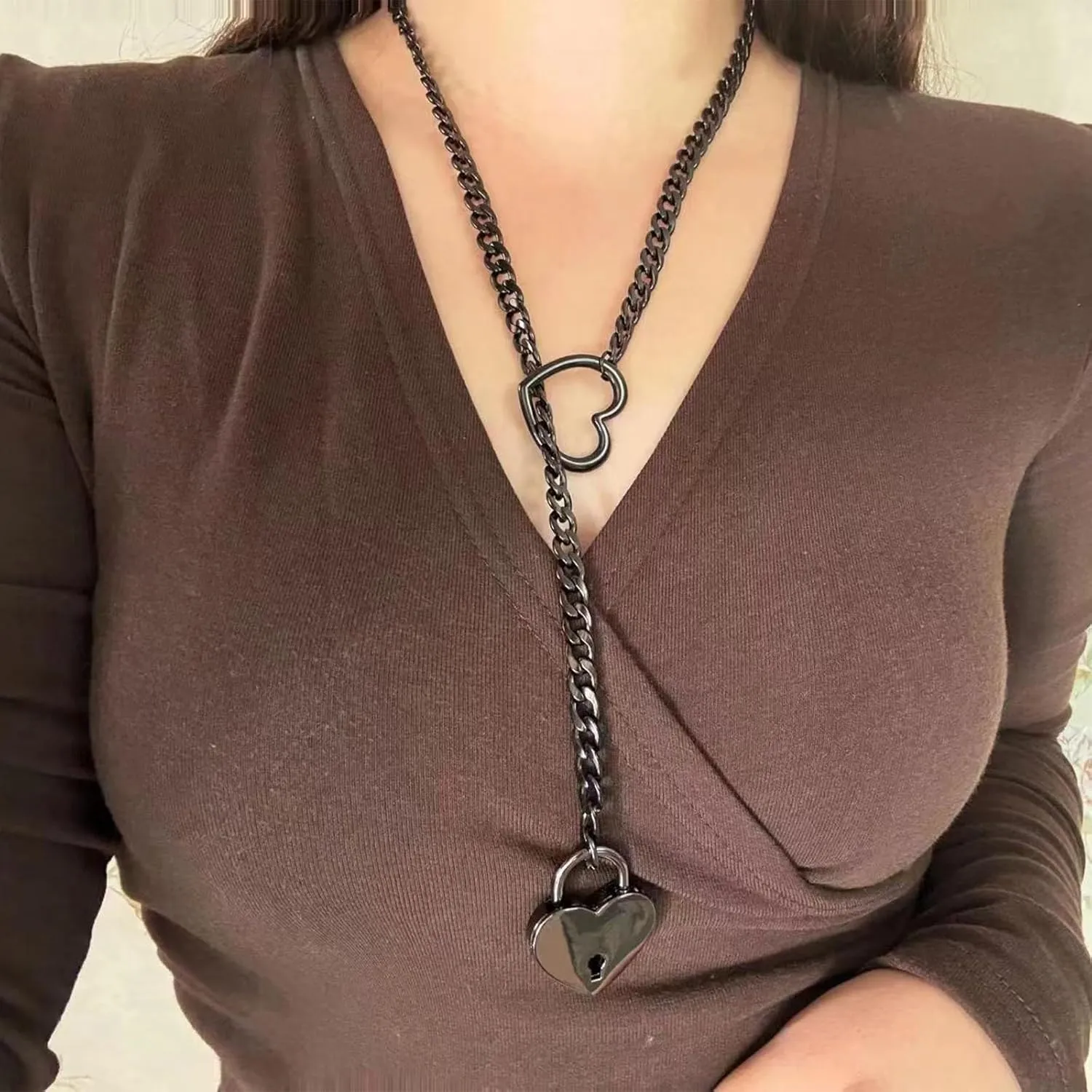 Heart O Ring Slip Chain Choker Necklace for Women Men Stainless Steel Cuban Chain Y-shape Necklaces Punk Rock Collar Adjustable Lariat Y Necklace Prom Necklaces Jewelry