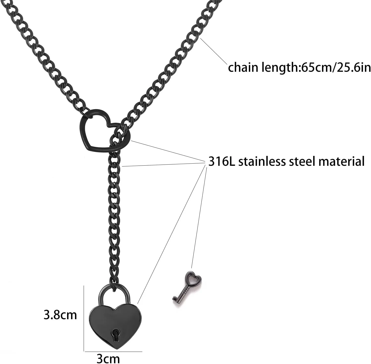 Heart O Ring Slip Chain Choker Necklace for Women Men Stainless Steel Cuban Chain Y-shape Necklaces Punk Rock Collar Adjustable Lariat Y Necklace Prom Necklaces Jewelry