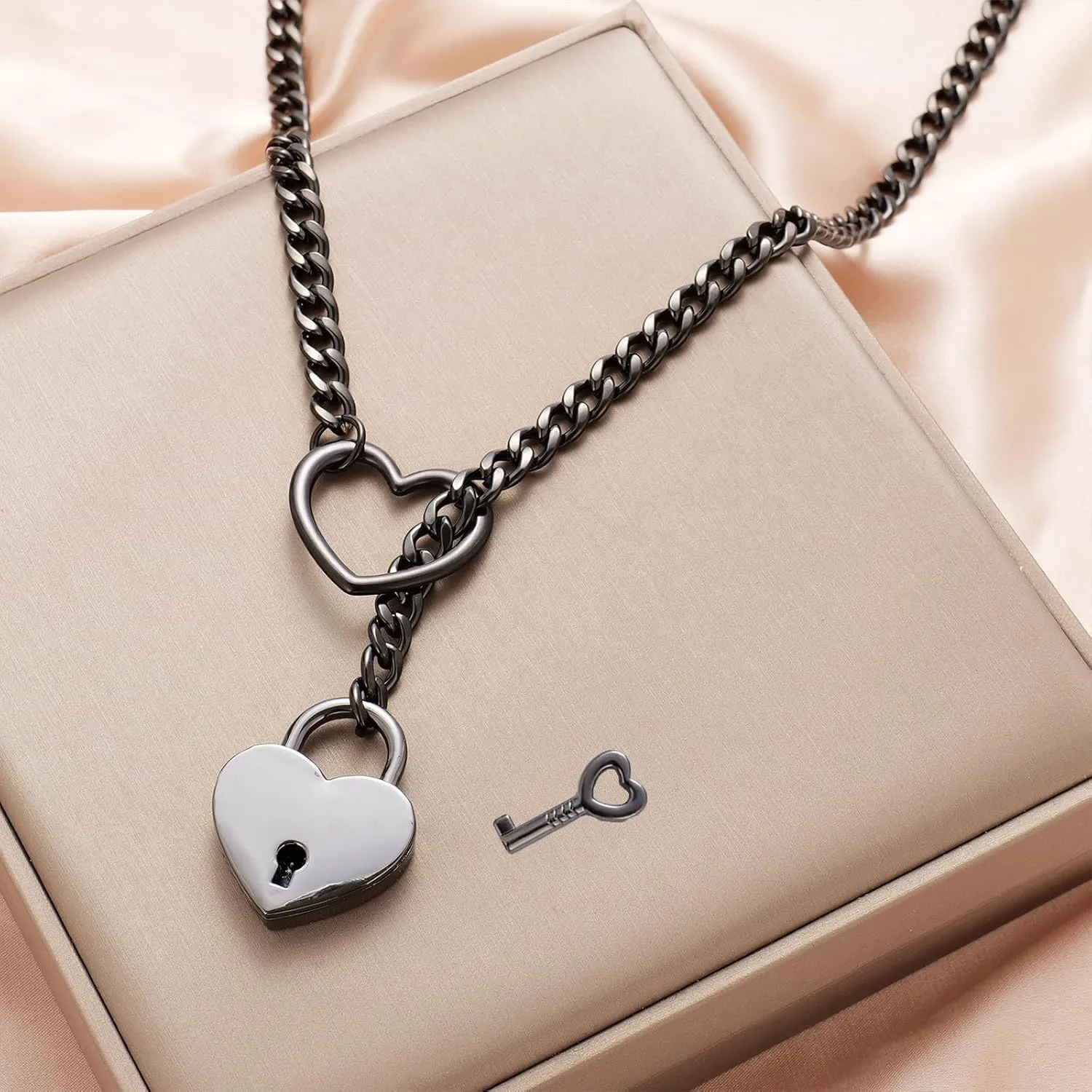 Heart O Ring Slip Chain Choker Necklace for Women Men Stainless Steel Cuban Chain Y-shape Necklaces Punk Rock Collar Adjustable Lariat Y Necklace Prom Necklaces Jewelry