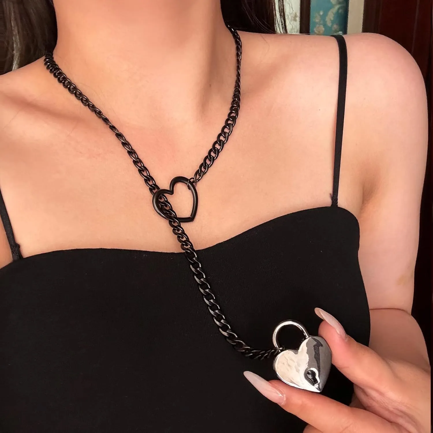 Heart O Ring Slip Chain Choker Necklace for Women Men Stainless Steel Cuban Chain Y-shape Necklaces Punk Rock Collar Adjustable Lariat Y Necklace Prom Necklaces Jewelry