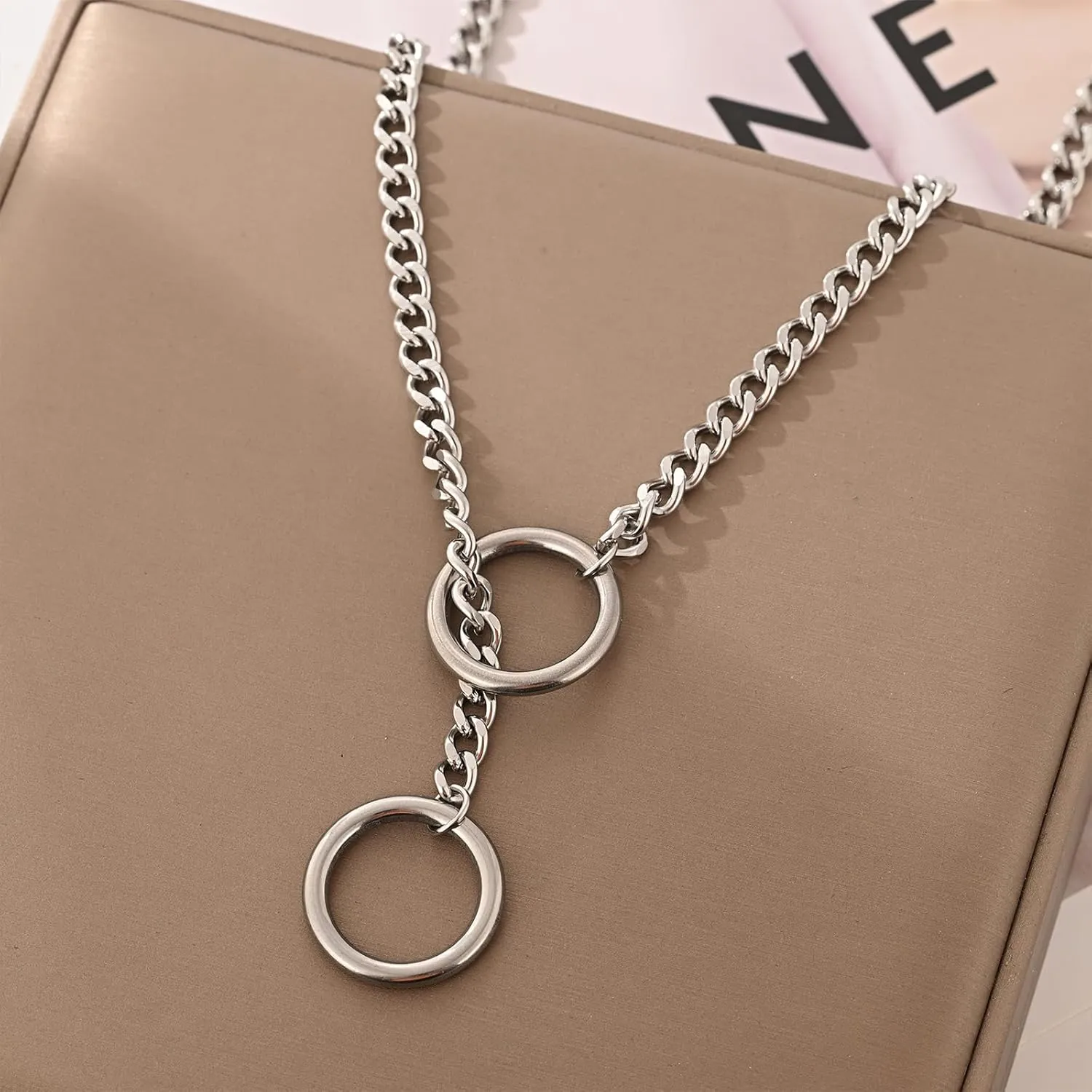 Heart O Ring Slip Chain Choker Necklace for Women Men Stainless Steel Cuban Chain Y-shape Necklaces Punk Rock Collar Adjustable Lariat Y Necklace Prom Necklaces Jewelry