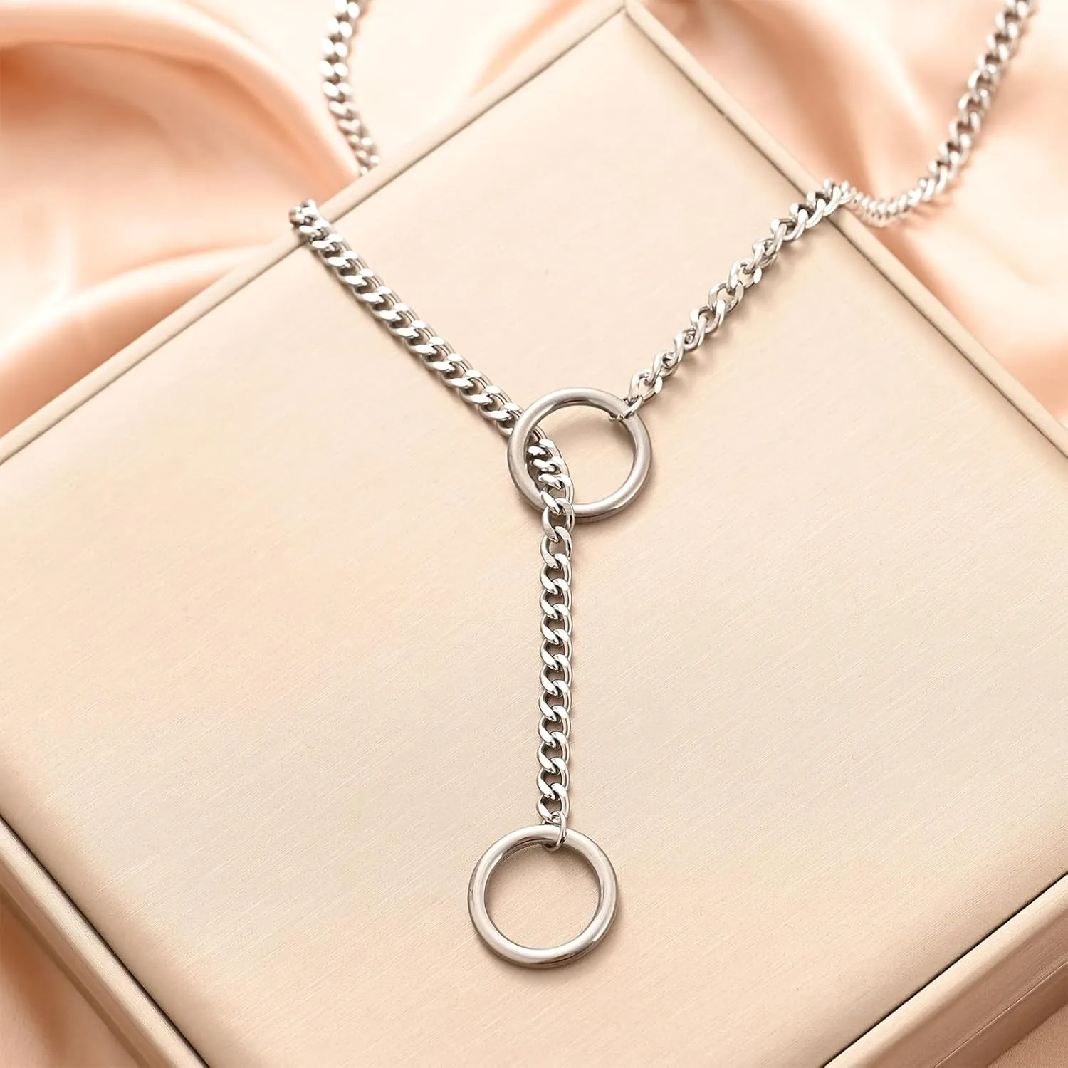Heart O Ring Slip Chain Choker Necklace for Women Men Stainless Steel Cuban Chain Y-shape Necklaces Punk Rock Collar Adjustable Lariat Y Necklace Prom Necklaces Jewelry