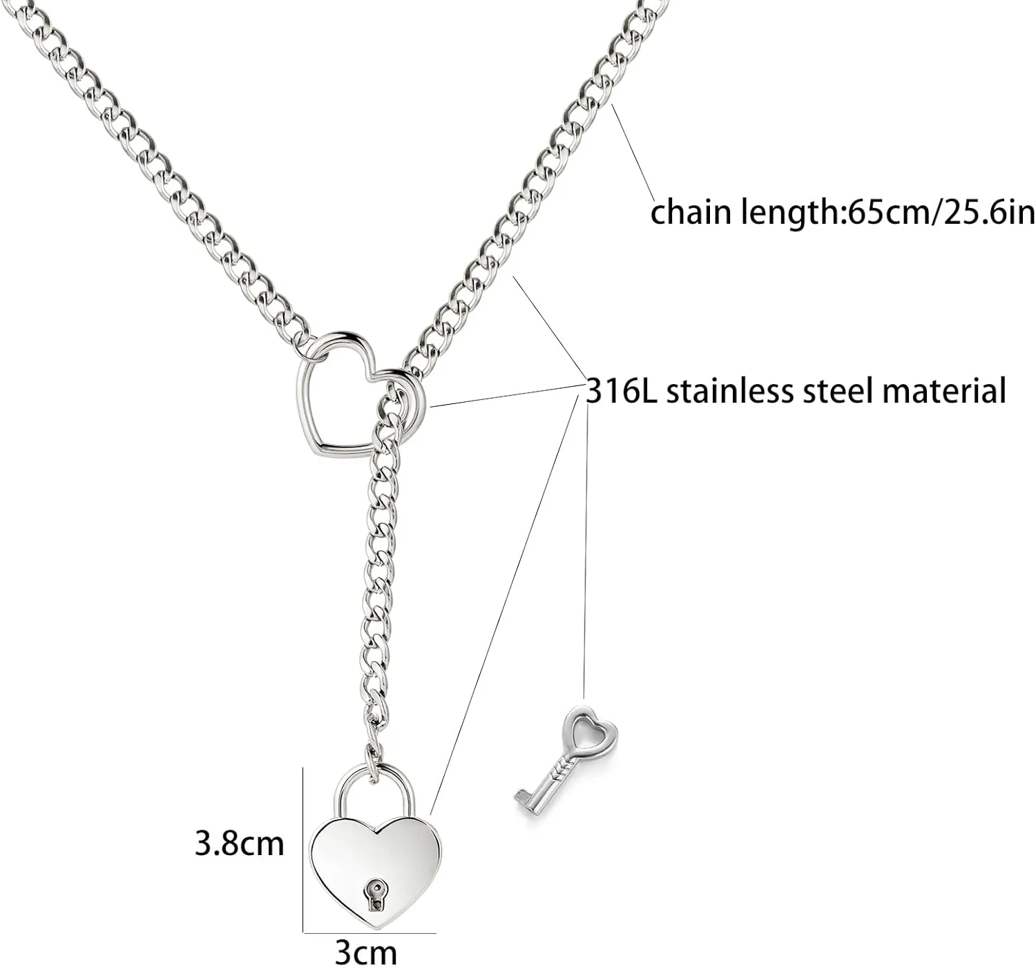 Heart O ring Slip Chain Necklaces for Women Stainless Steel Cuban Chain Bar Necklace Punk Rock Collar Necklace Handmade Adjustable Lariat Y Necklaces for Men