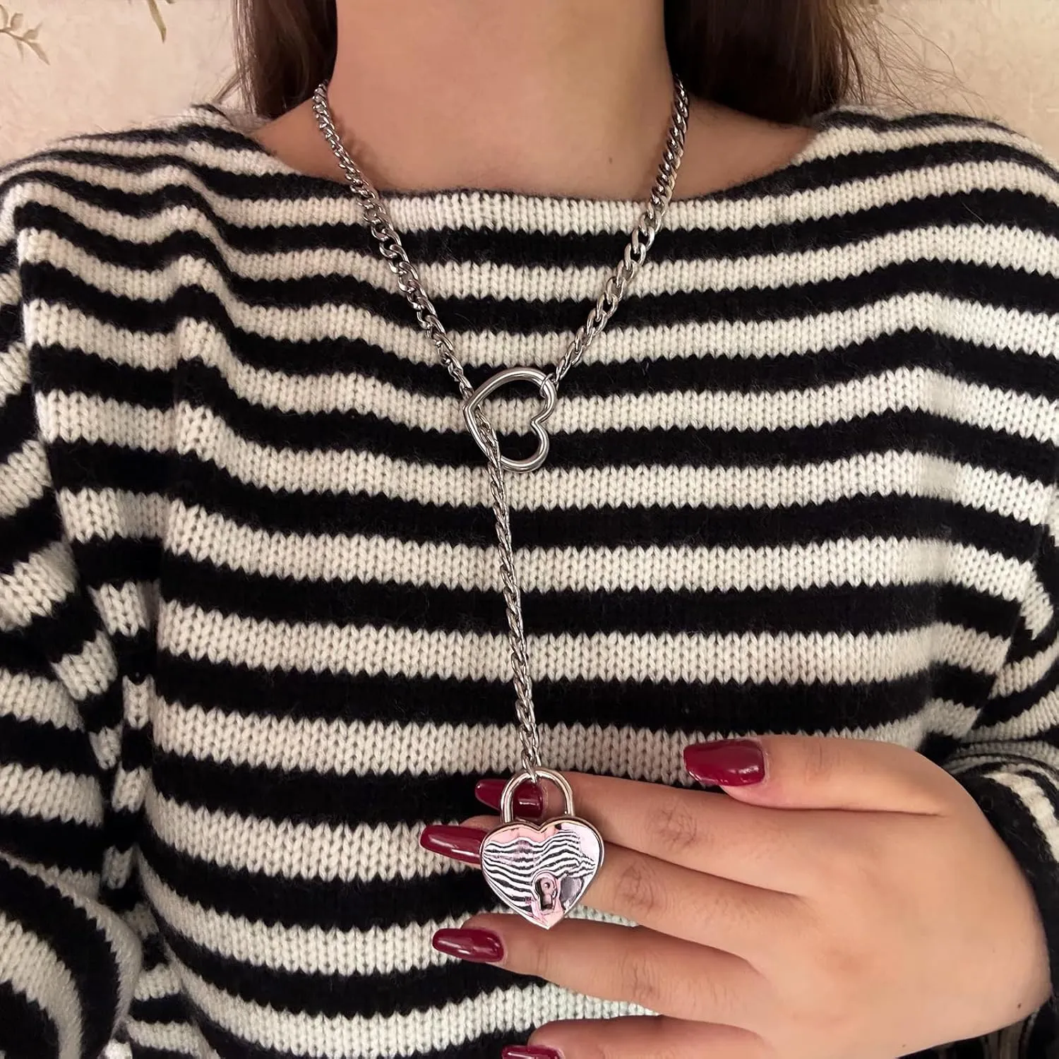 Heart O ring Slip Chain Necklaces for Women Stainless Steel Cuban Chain Bar Necklace Punk Rock Collar Necklace Handmade Adjustable Lariat Y Necklaces for Men