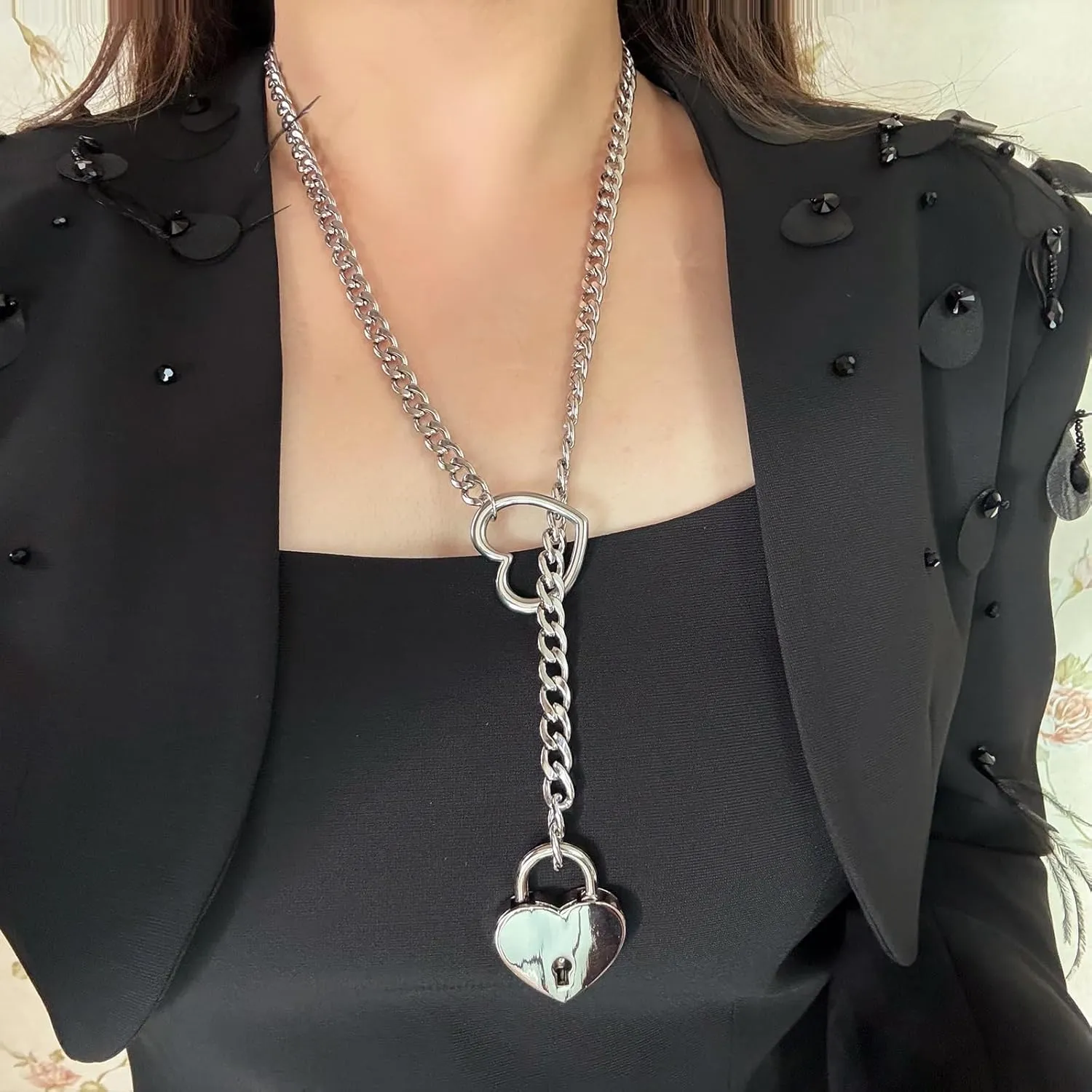 Heart O ring Slip Chain Necklaces for Women Stainless Steel Cuban Chain Bar Necklace Punk Rock Collar Necklace Handmade Adjustable Lariat Y Necklaces for Men