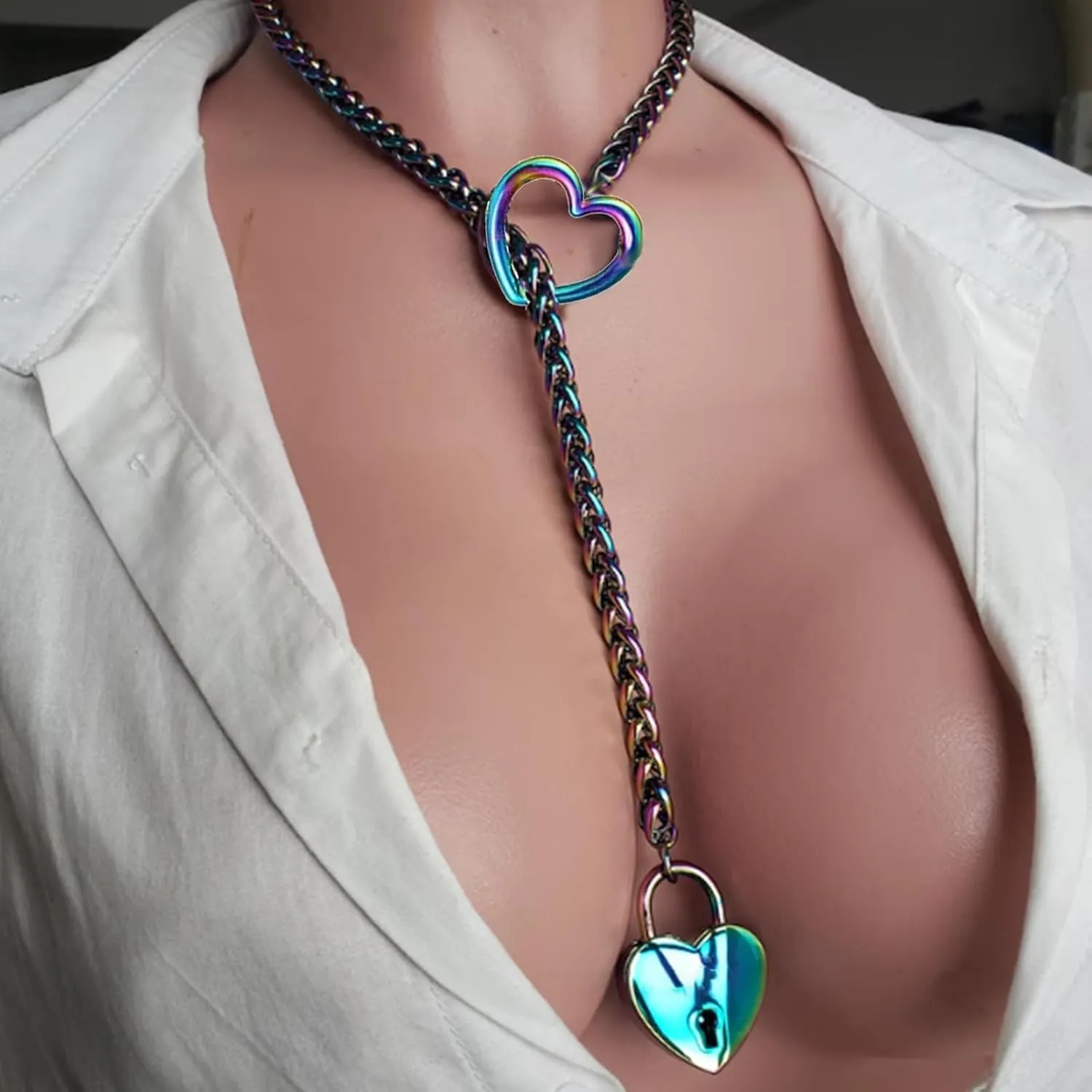 Heart O ring Slip Chain Necklaces for Women Stainless Steel Cuban Chain Bar Necklace Punk Rock Collar Necklace Handmade Adjustable Lariat Y Necklaces for Men
