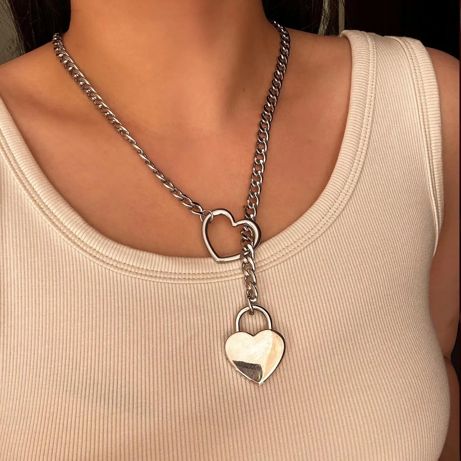 Heart O ring Slip Chain Necklaces for Women Stainless Steel Cuban Chain Bar Necklace Punk Rock Collar Necklace Handmade Adjustable Lariat Y Necklaces for Men