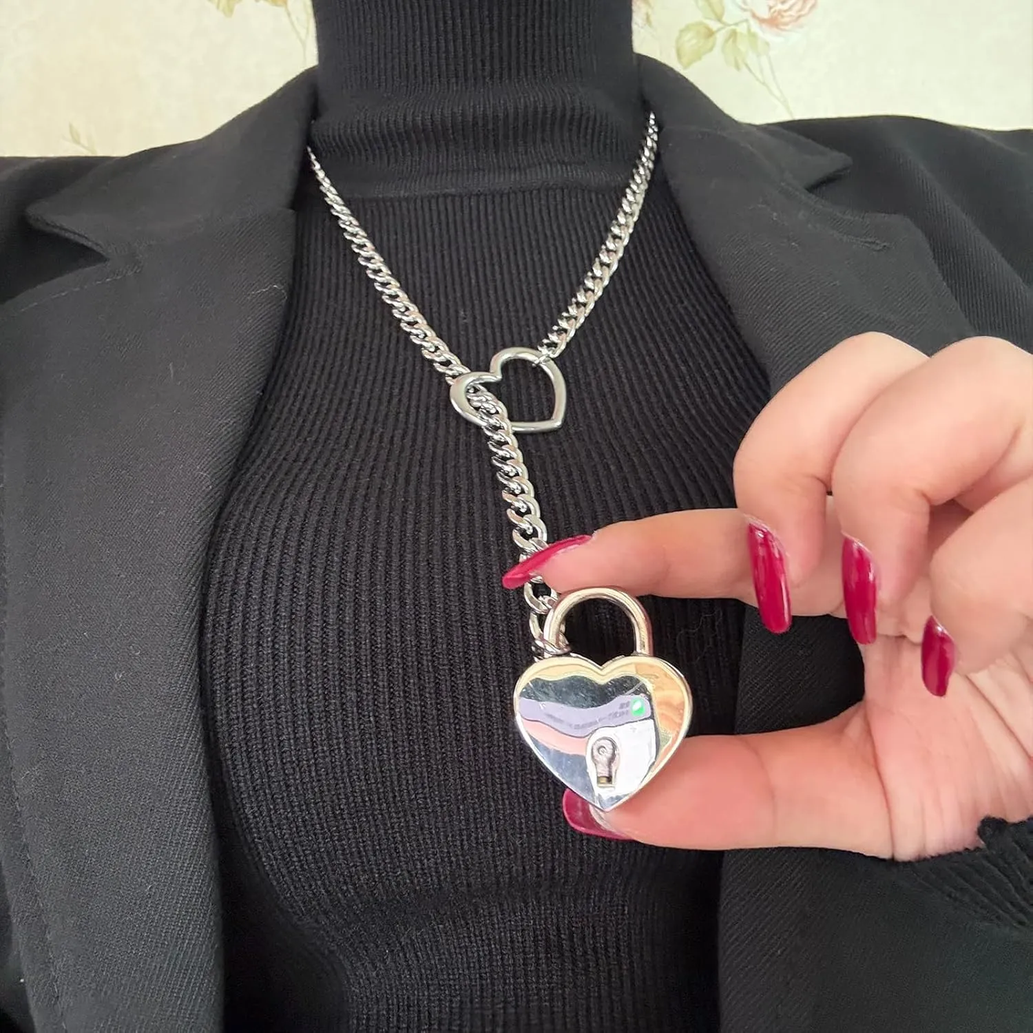 Heart O ring Slip Chain Necklaces for Women Stainless Steel Cuban Chain Bar Necklace Punk Rock Collar Necklace Handmade Adjustable Lariat Y Necklaces for Men