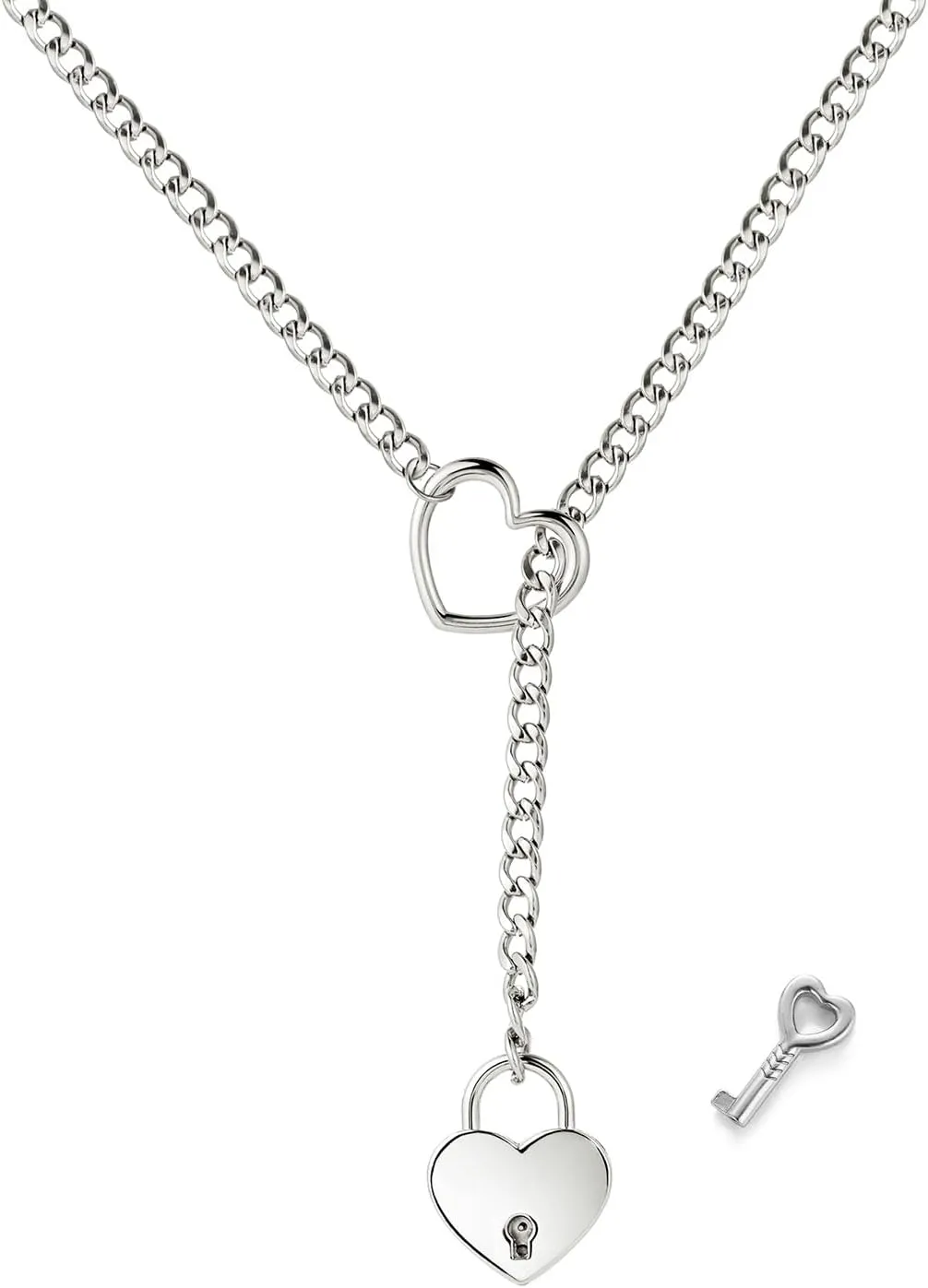 Heart O ring Slip Chain Necklaces for Women Stainless Steel Cuban Chain Bar Necklace Punk Rock Collar Necklace Handmade Adjustable Lariat Y Necklaces for Men
