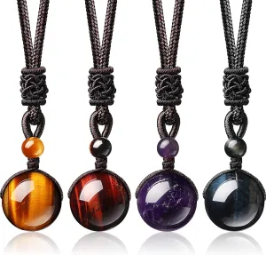 Hicarer 4 Pieces Natural Crystal Pendant Necklaces Crystal Lucky Blessing Chakra Crystal Beads Necklace 16 mm Black Obsidian Tiger Eyes Necklaces with Adjustable Braided Rope Cords