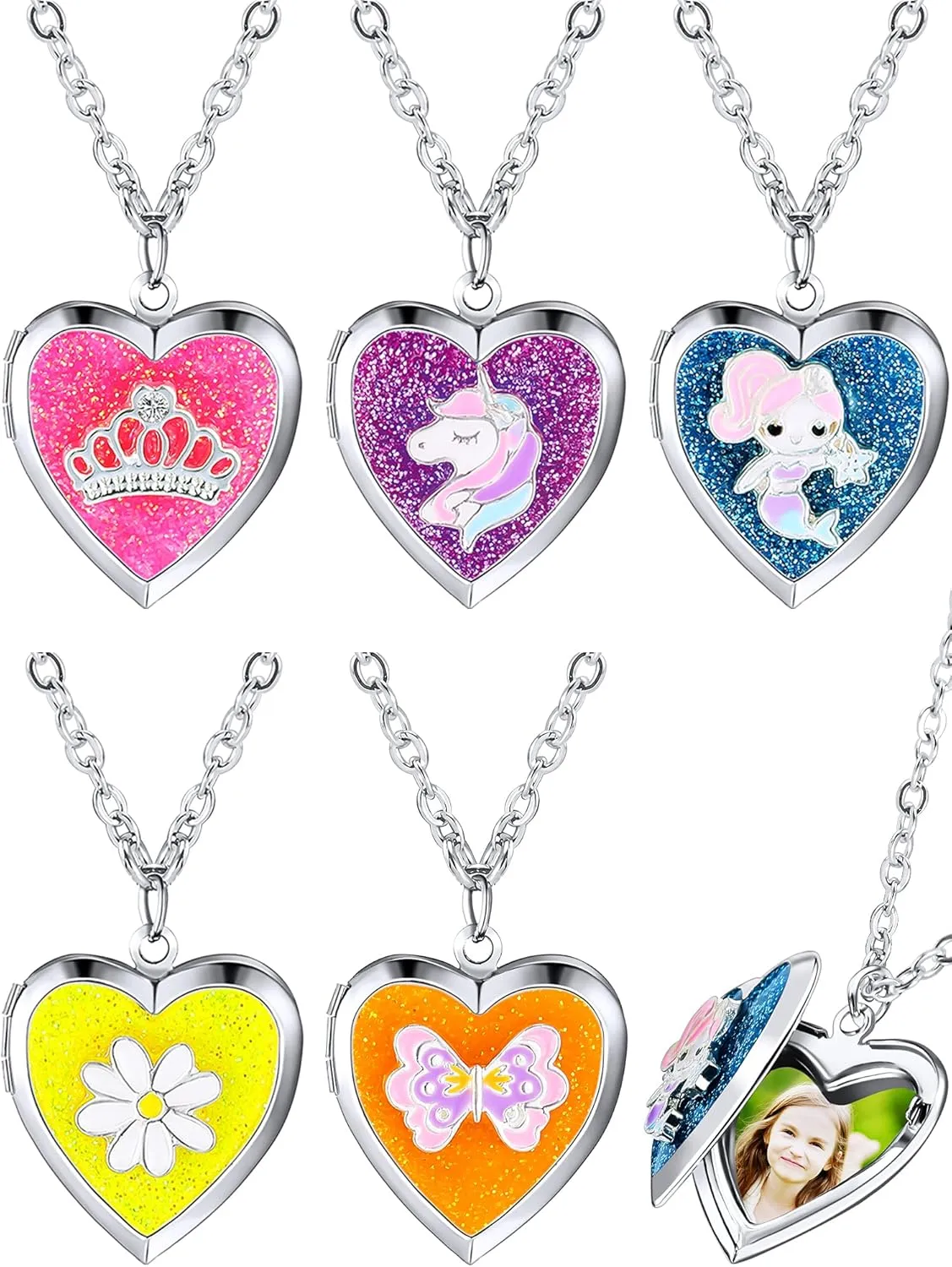 Hicarer 5 Pcs Heart Locket Necklace Unicorn Mermaid Rainbow Picture Pendant Heart Necklace Photo Secret Chain Jewelry for Girls Boys Kids Birthday Jewelry Graduation Gift