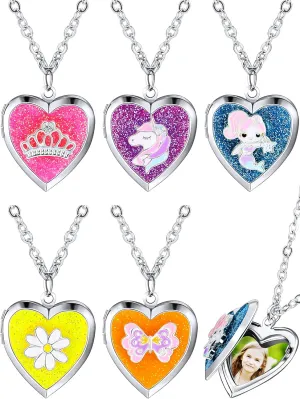 Hicarer 5 Pcs Heart Locket Necklace Unicorn Mermaid Rainbow Picture Pendant Heart Necklace Photo Secret Chain Jewelry for Girls Boys Kids Birthday Jewelry Graduation Gift