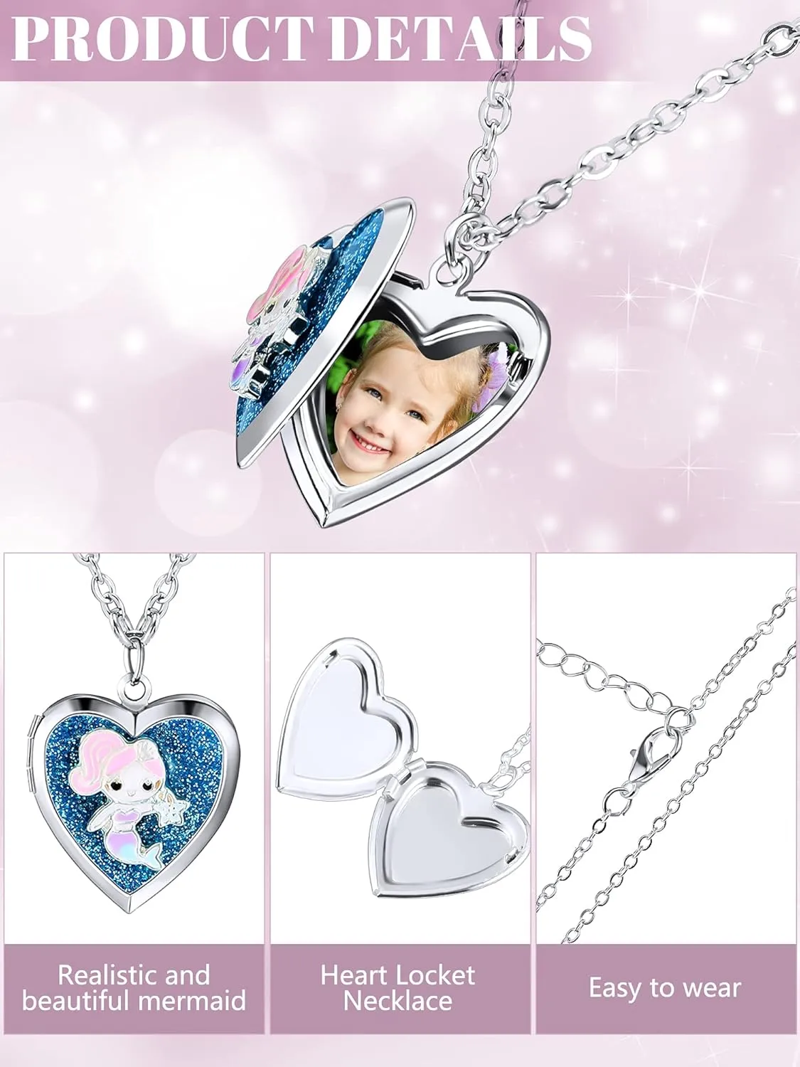 Hicarer 5 Pcs Heart Locket Necklace Unicorn Mermaid Rainbow Picture Pendant Heart Necklace Photo Secret Chain Jewelry for Girls Boys Kids Birthday Jewelry Graduation Gift