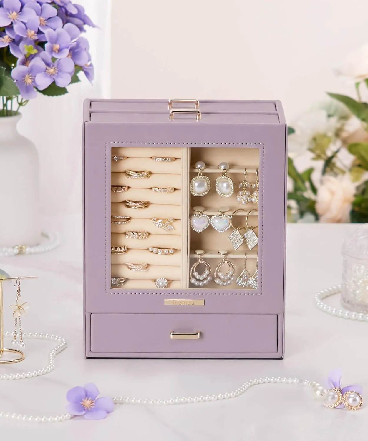 Homde Jewelry Organizer Girls Women Jewelry Box for Necklaces Rings Earrings Gift Bracelets Storage Case (Grey Purple   Gold)