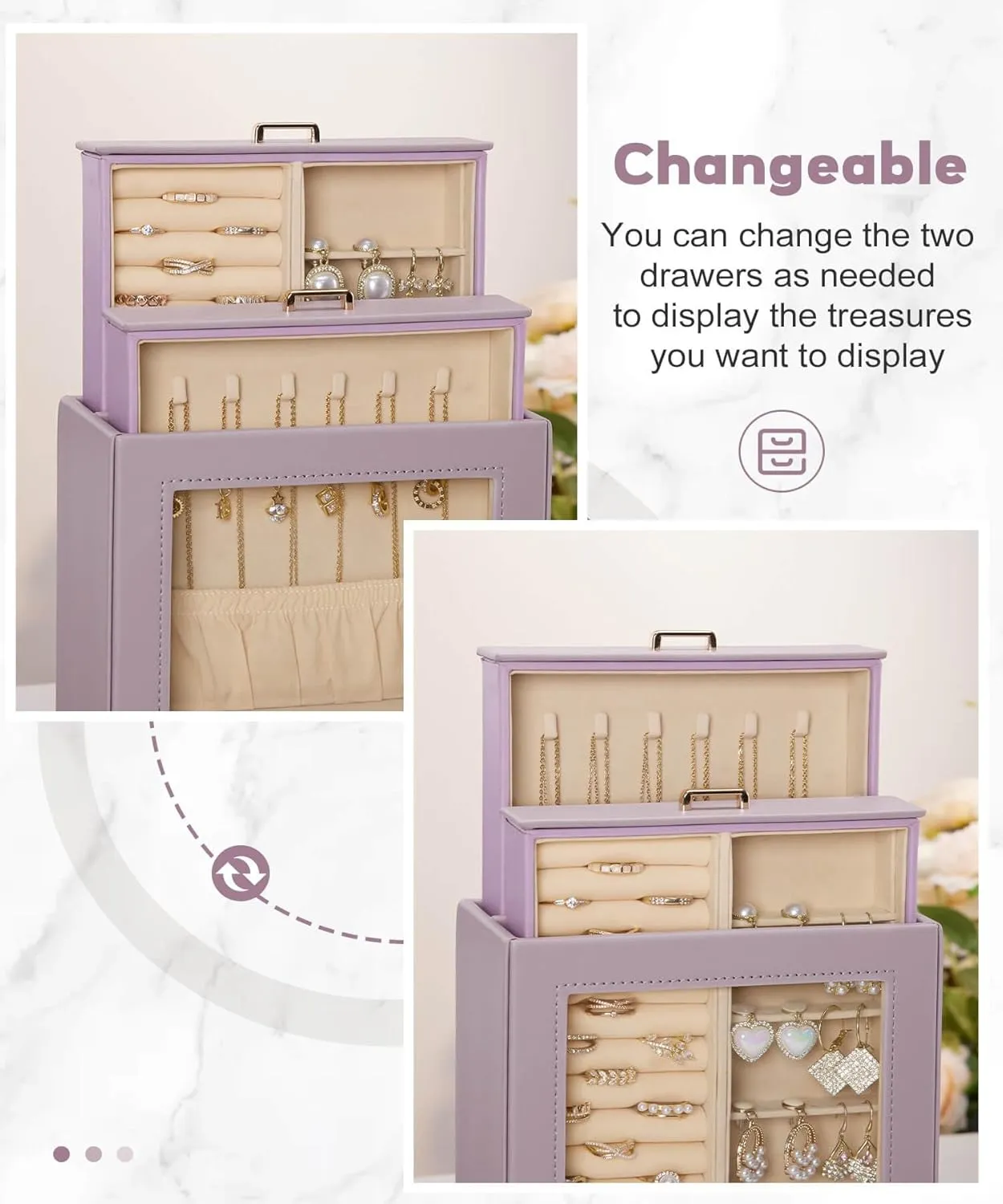 Homde Jewelry Organizer Girls Women Jewelry Box for Necklaces Rings Earrings Gift Bracelets Storage Case (Grey Purple   Gold)