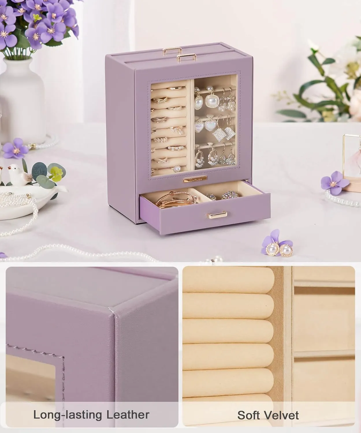 Homde Jewelry Organizer Girls Women Jewelry Box for Necklaces Rings Earrings Gift Bracelets Storage Case (Grey Purple   Gold)