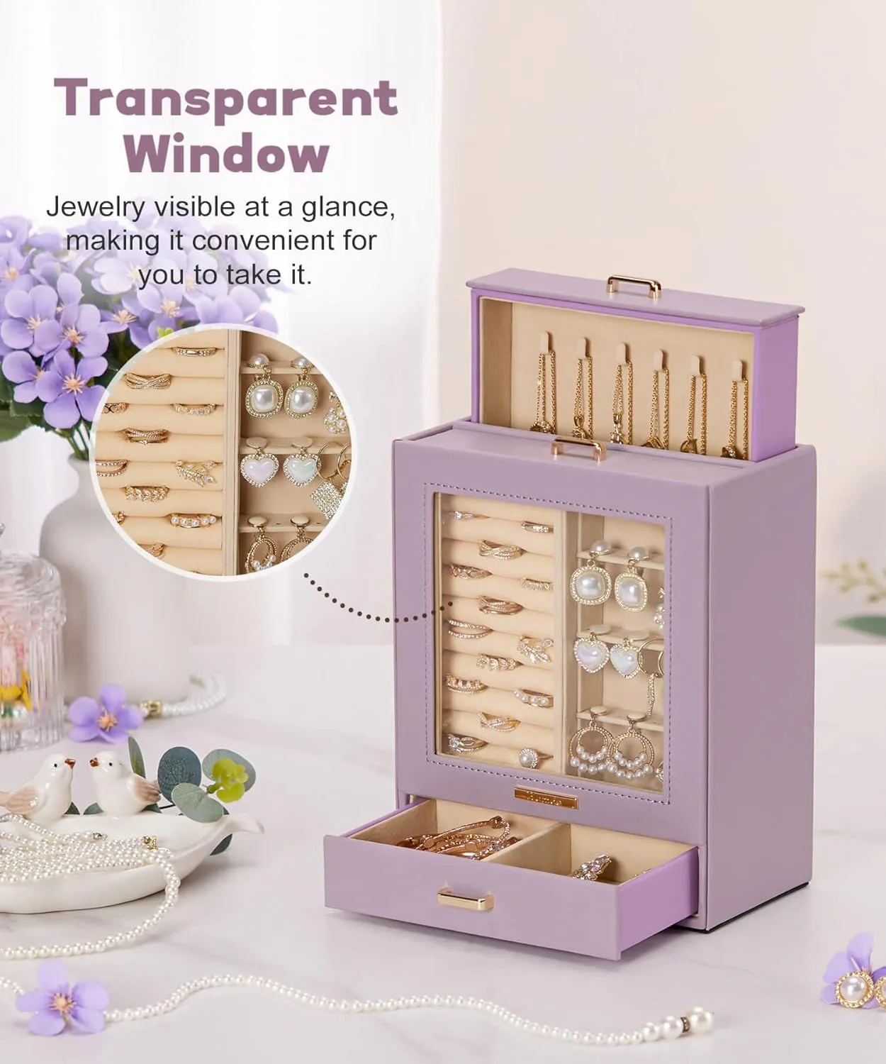 Homde Jewelry Organizer Girls Women Jewelry Box for Necklaces Rings Earrings Gift Bracelets Storage Case (Grey Purple   Gold)