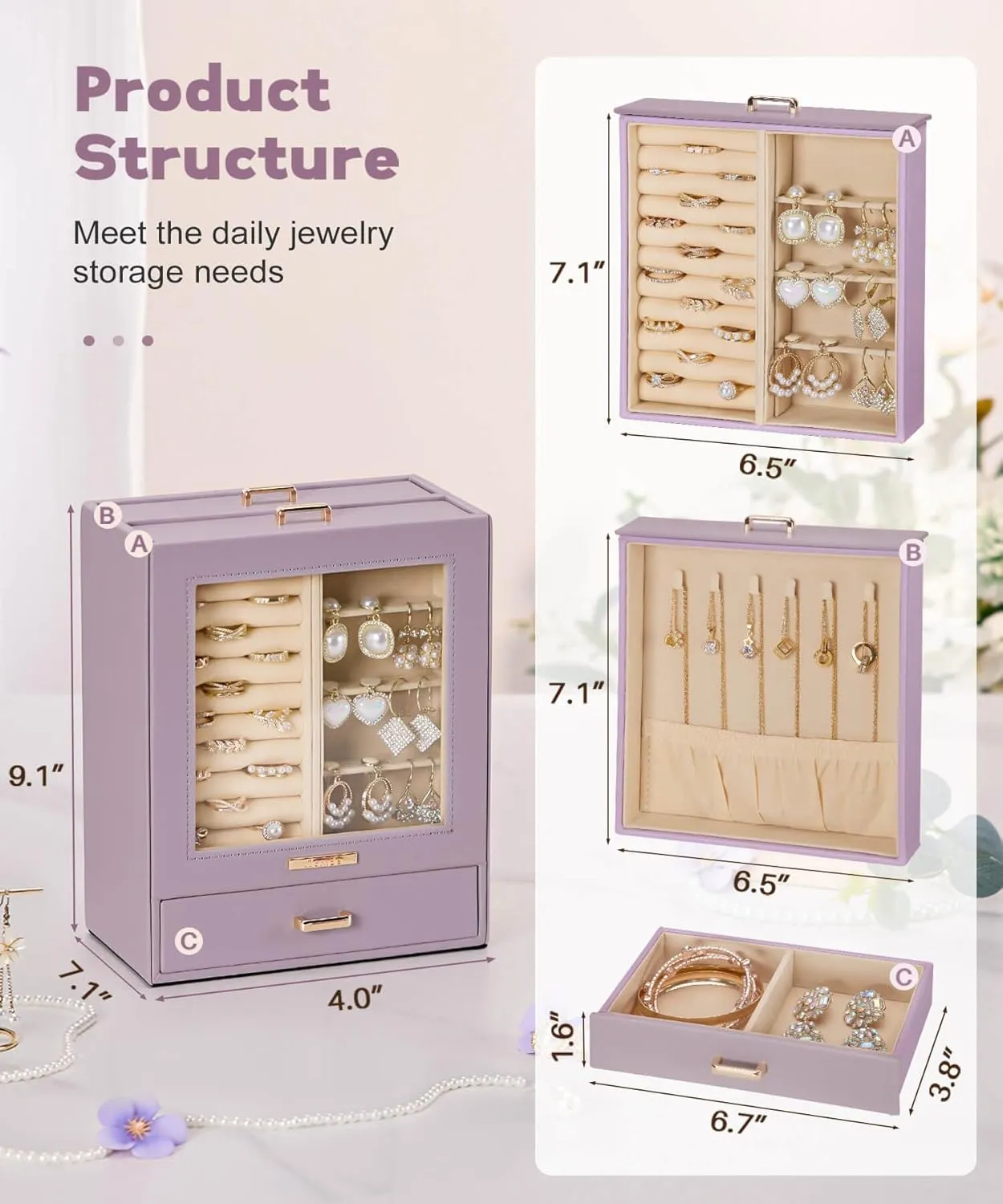 Homde Jewelry Organizer Girls Women Jewelry Box for Necklaces Rings Earrings Gift Bracelets Storage Case (Grey Purple   Gold)