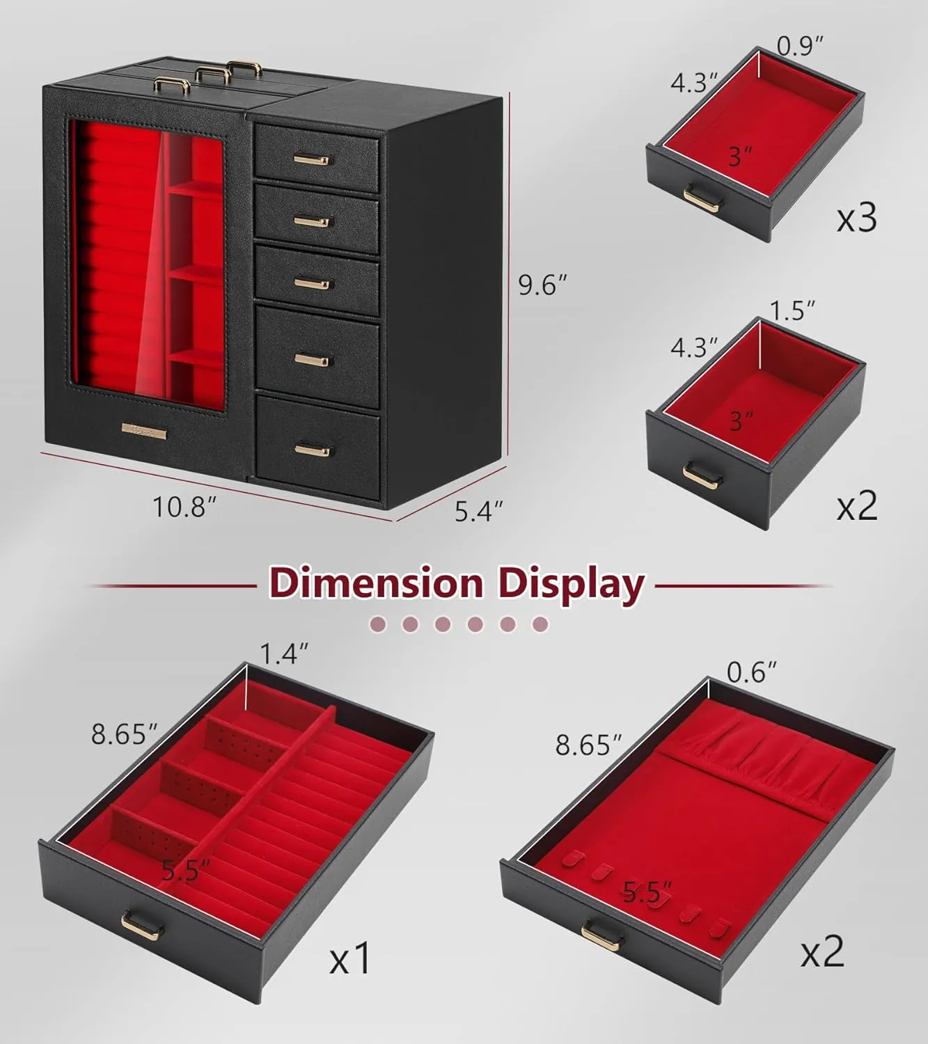 Homde Large Jewelry Box/Organizer/Case with Glass Window, Drawers for Necklaces Earrings Rings Bracelets Watches Gift for Women Girls