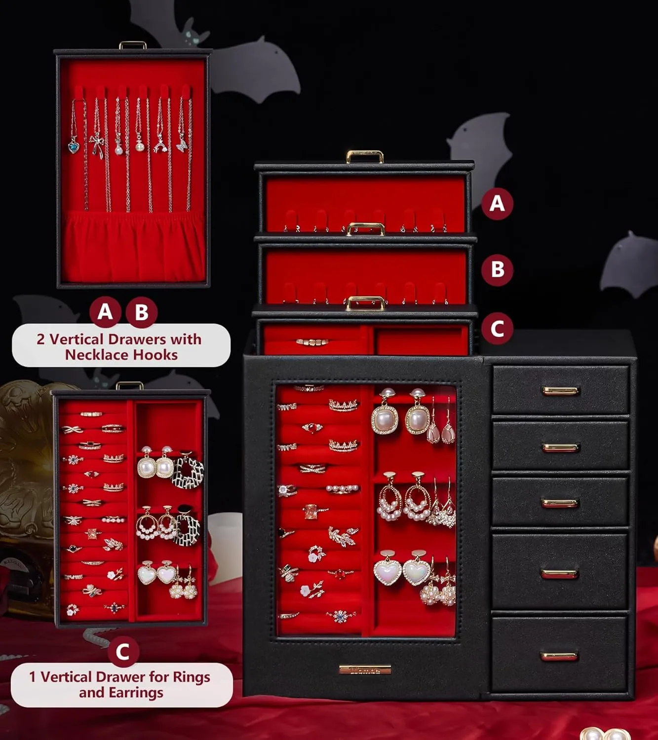 Homde Large Jewelry Box/Organizer/Case with Glass Window, Drawers for Necklaces Earrings Rings Bracelets Watches Gift for Women Girls