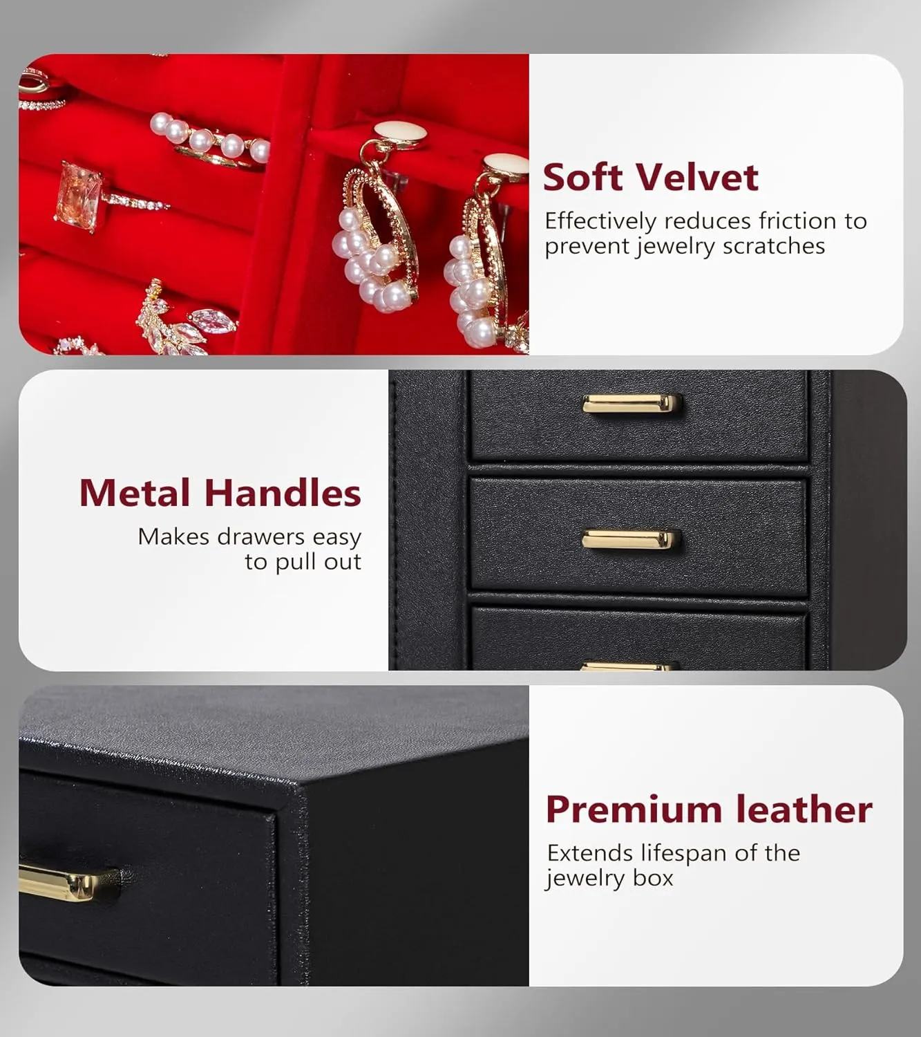 Homde Large Jewelry Box/Organizer/Case with Glass Window, Drawers for Necklaces Earrings Rings Bracelets Watches Gift for Women Girls