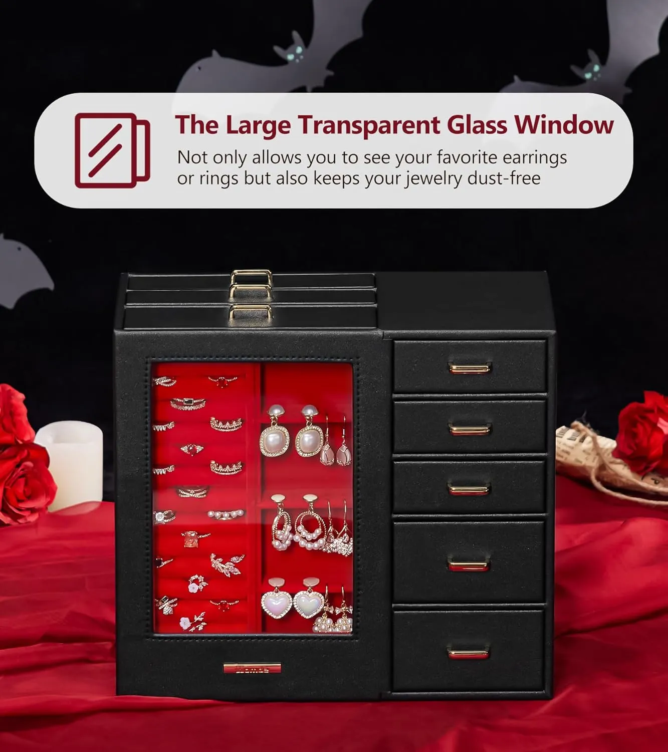 Homde Large Jewelry Box/Organizer/Case with Glass Window, Drawers for Necklaces Earrings Rings Bracelets Watches Gift for Women Girls
