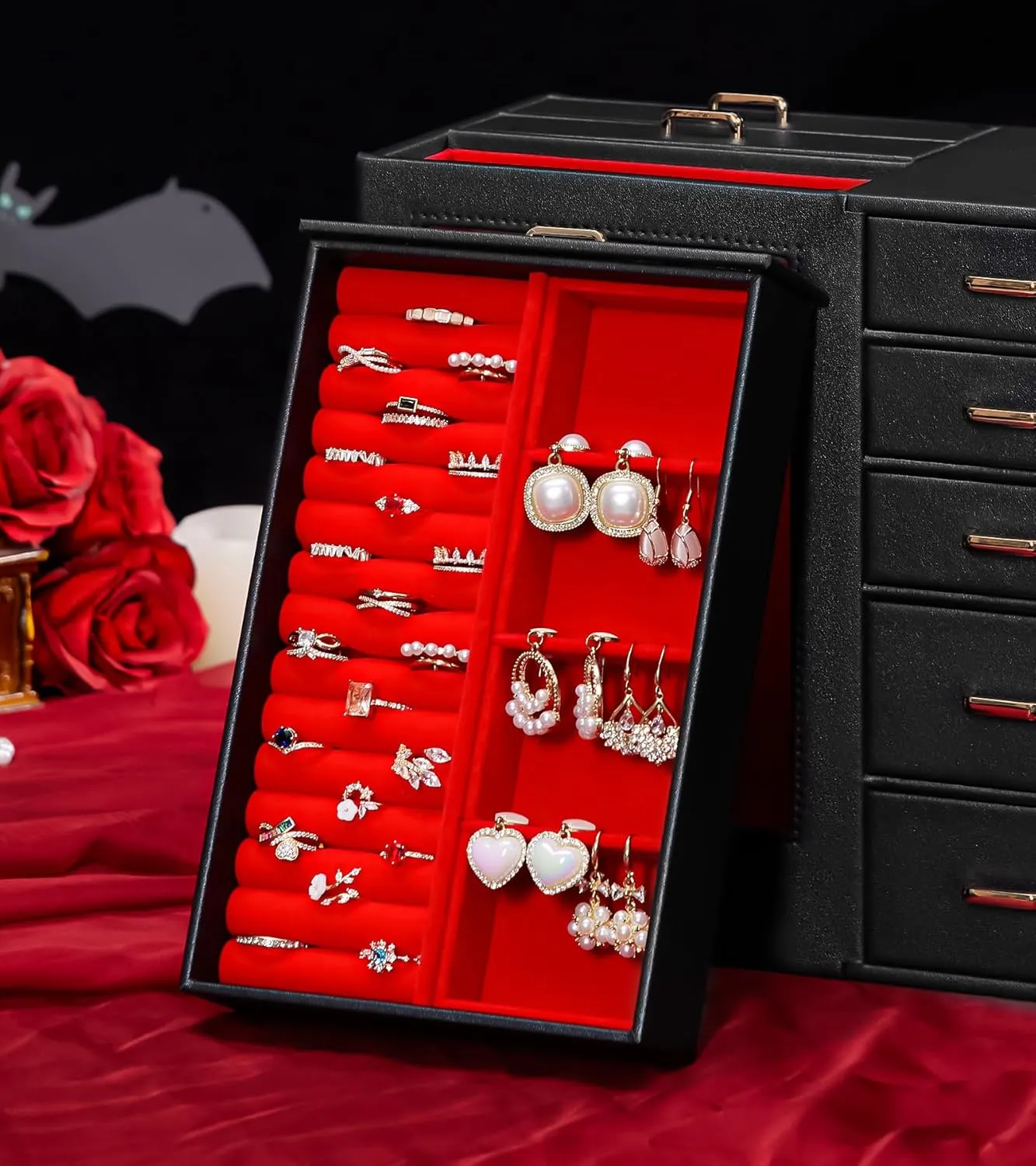 Homde Large Jewelry Box/Organizer/Case with Glass Window, Drawers for Necklaces Earrings Rings Bracelets Watches Gift for Women Girls