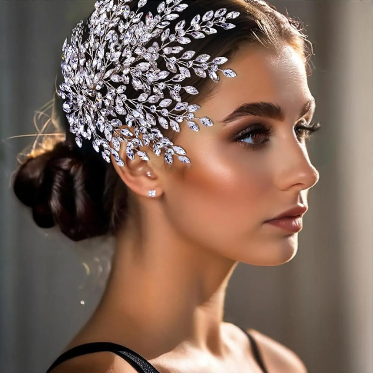 HONGMEI Bridal Rhinestone Headpiece for WeddingLeaf Crystal Hair Pieces Bride Side Headpieces Wedding Hair Accessories for Women (Silver)