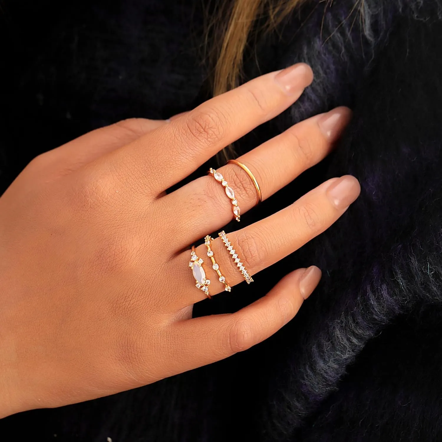Honsny Stackable Gold Rings for Women Set Dainty 18K Gold Plated Cubic Zirconia Thumb Rings Thin Eternity Engagement Rings