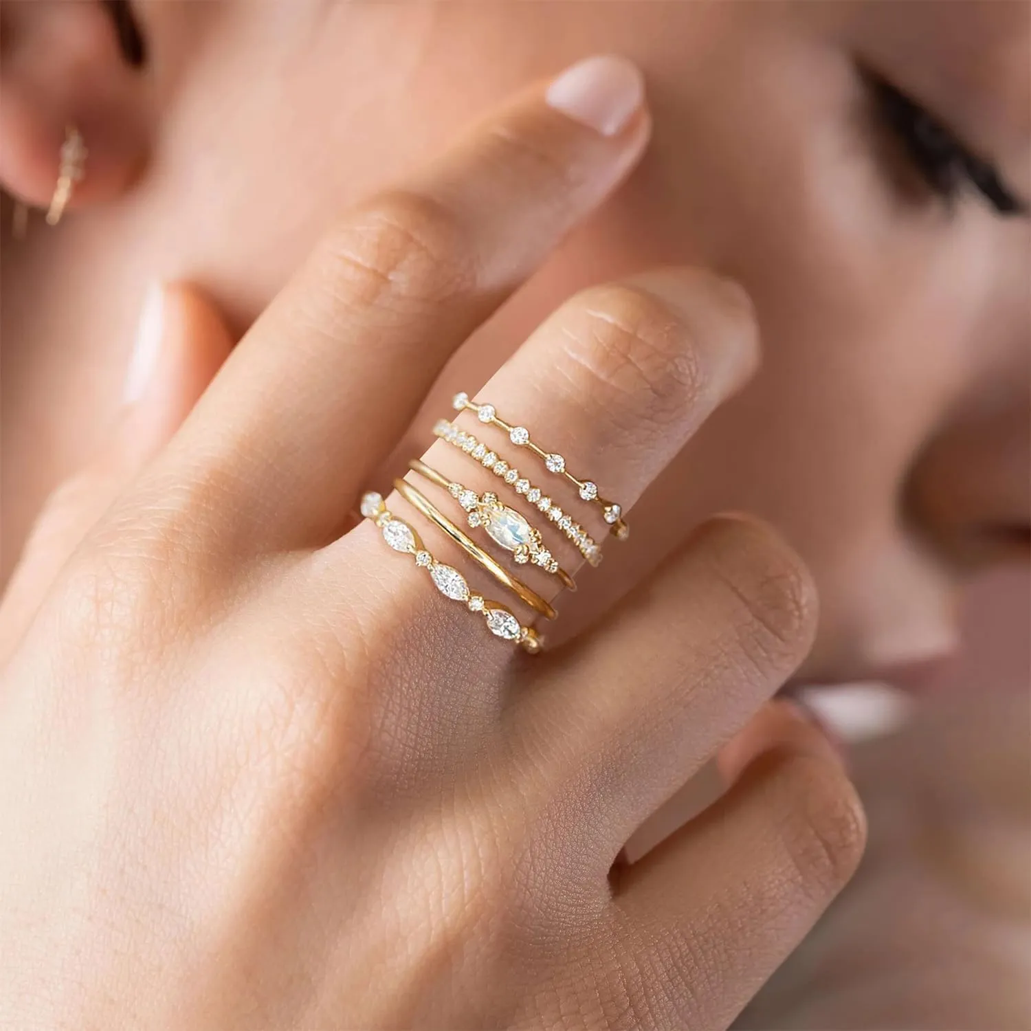 Honsny Stackable Gold Rings for Women Set Dainty 18K Gold Plated Cubic Zirconia Thumb Rings Thin Eternity Engagement Rings