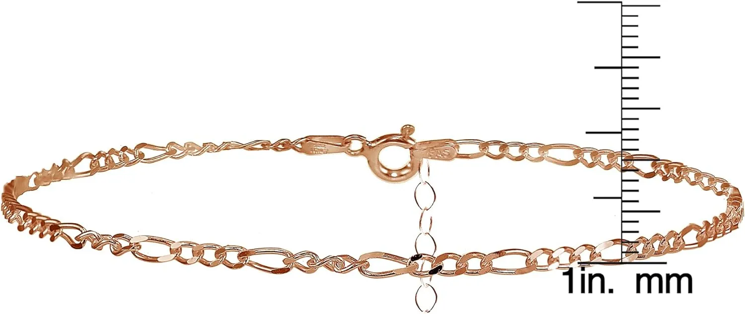 Hoops & Loops 925 Sterling Silver Figaro Chain Classic Adjustable Ankle Bracelet for Women Men, Silver, Yellow Gold, Rose Gold