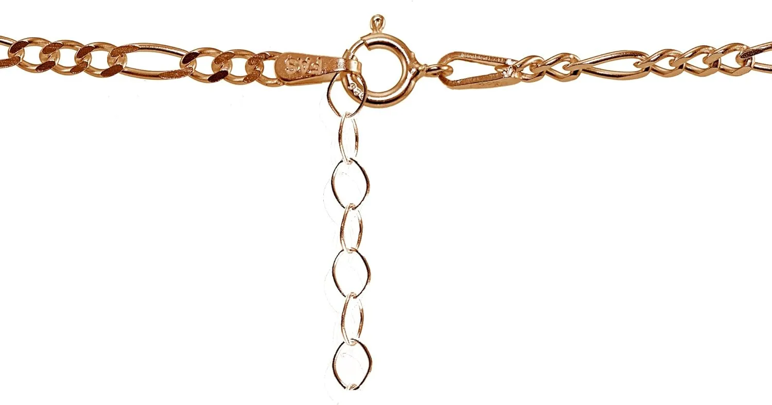 Hoops & Loops 925 Sterling Silver Figaro Chain Classic Adjustable Ankle Bracelet for Women Men, Silver, Yellow Gold, Rose Gold