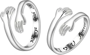 Hug Rings for Women Sterling Silver Adjustable Couples Wedding Rings Set Hugging Hands Open Promise Rings