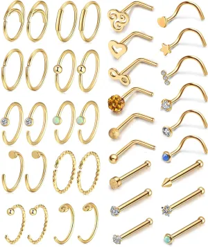 Hypoallergenic 20G Nose Rings and Studs - Cubic Zirconia L Bone Screw Shaped Hoop - Surgical Stainless Steel Labret Piercing Jewelry for Women Men 26-38Pcs