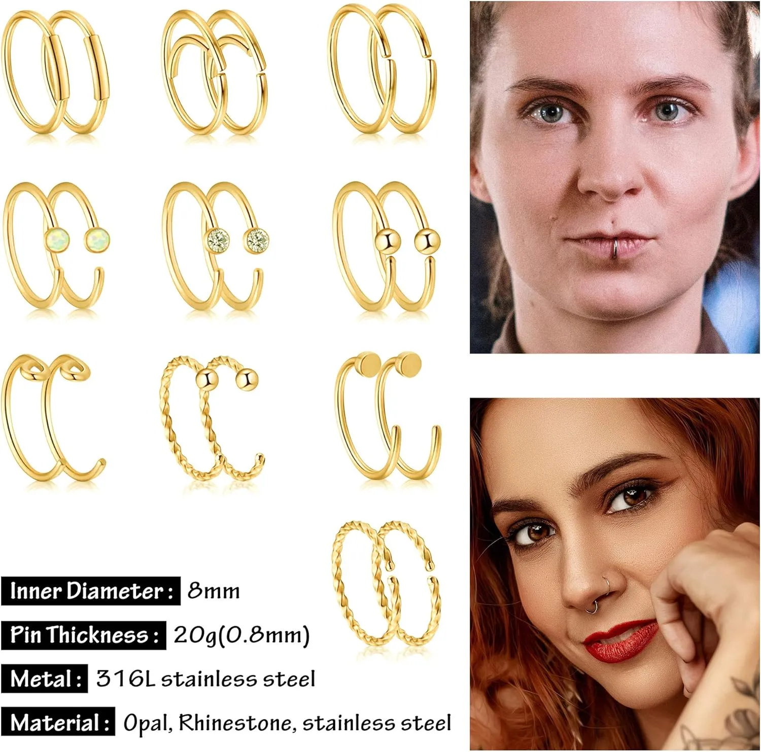 Hypoallergenic 20G Nose Rings and Studs - Cubic Zirconia L Bone Screw Shaped Hoop - Surgical Stainless Steel Labret Piercing Jewelry for Women Men 26-38Pcs
