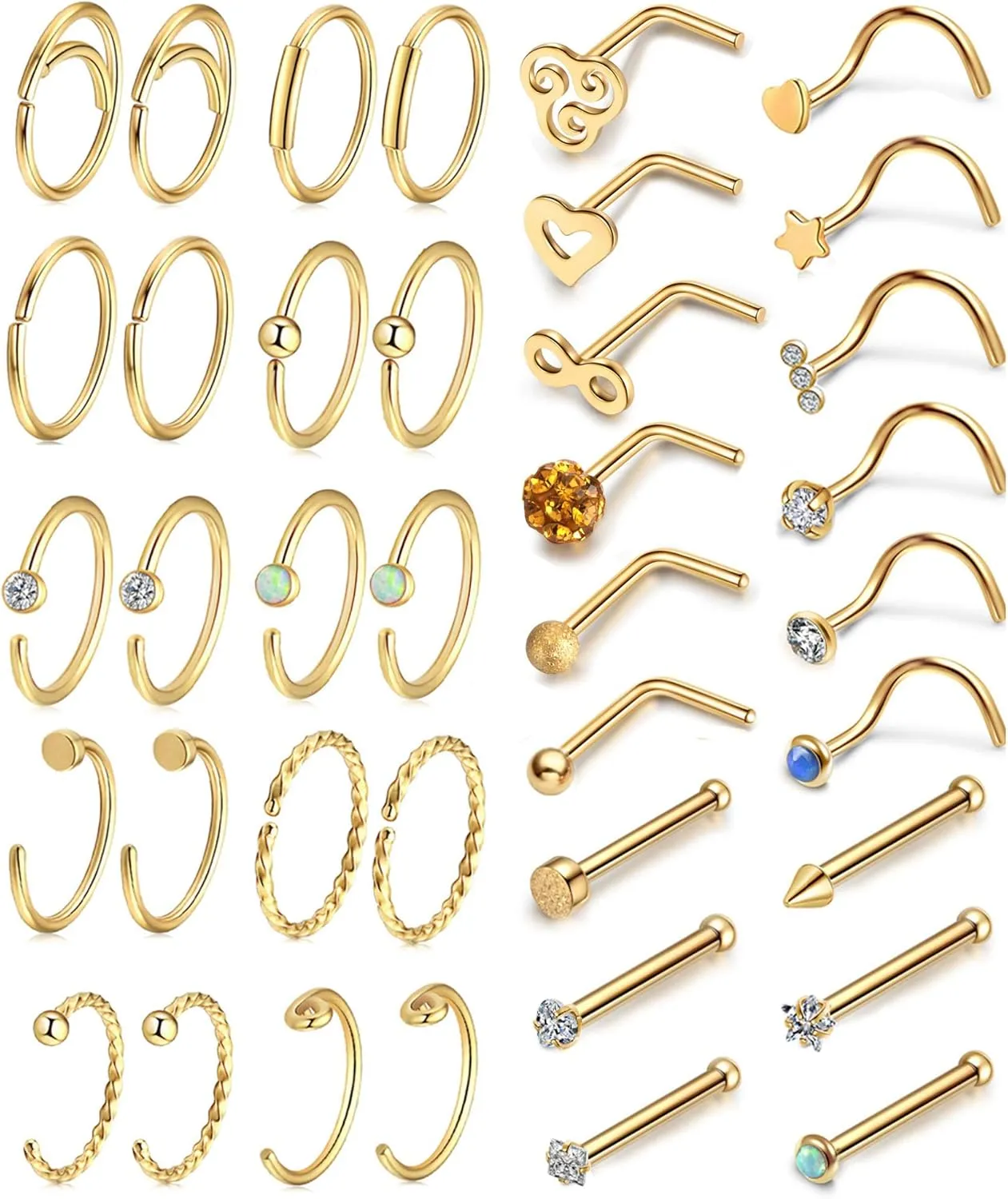 Hypoallergenic 20G Nose Rings and Studs - Cubic Zirconia L Bone Screw Shaped Hoop - Surgical Stainless Steel Labret Piercing Jewelry for Women Men 26-38Pcs