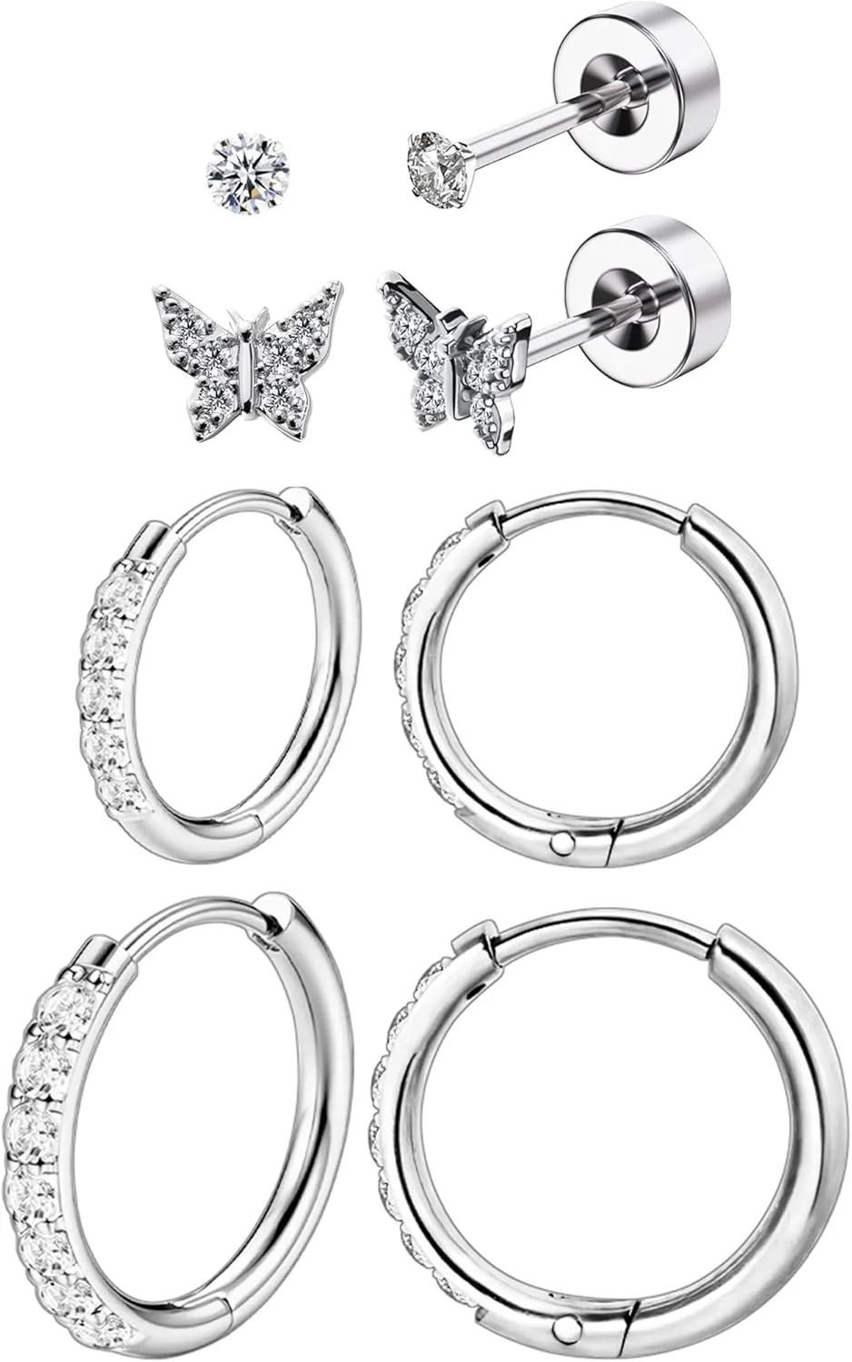 Hypoallergenic Stud Earrings for Women, 316L Surgical Steel Flat Back Hoop & Cubic Zirconia Earrings Stud, Butterfly Small Huggie Hoop Earrings Set for Sensitive Ears