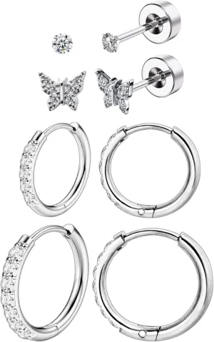 Hypoallergenic Stud Earrings for Women, 316L Surgical Steel Flat Back Hoop & Cubic Zirconia Earrings Stud, Butterfly Small Huggie Hoop Earrings Set for Sensitive Ears