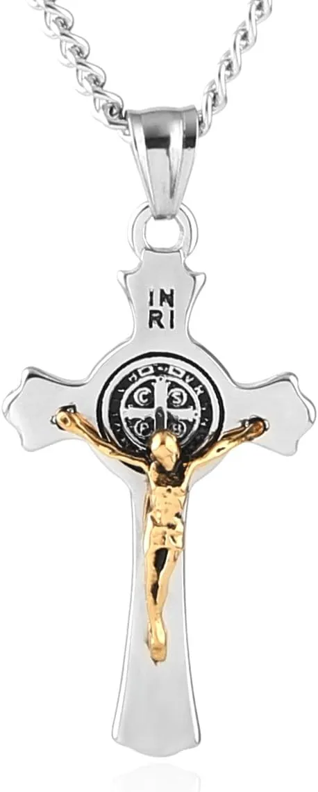 HZMAN Religion Stainless Steel Saint St St. Benedict Crucifix Cross Pendants Necklace INRI