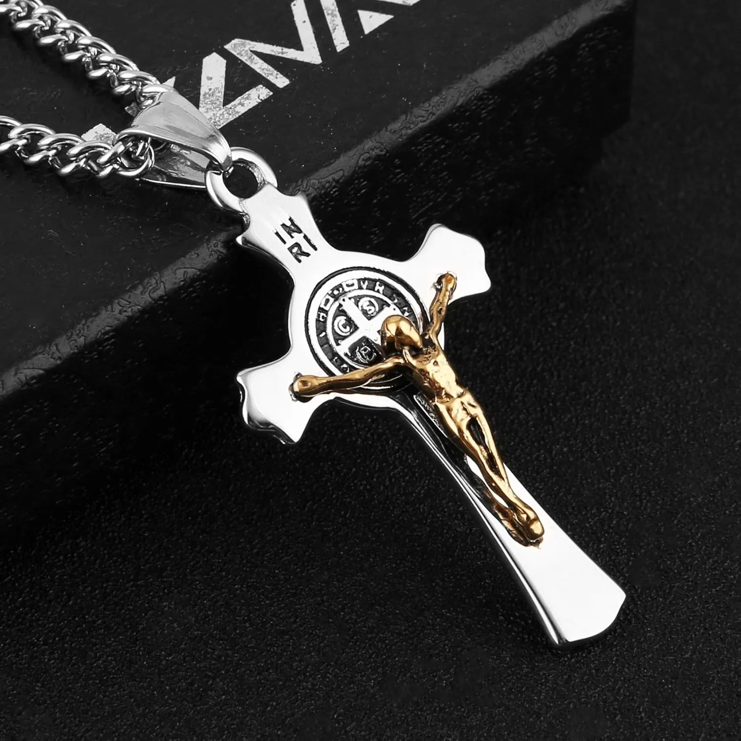 HZMAN Religion Stainless Steel Saint St St. Benedict Crucifix Cross Pendants Necklace INRI