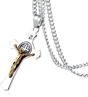 HZMAN Religion Stainless Steel Saint St St. Benedict Crucifix Cross Pendants Necklace INRI