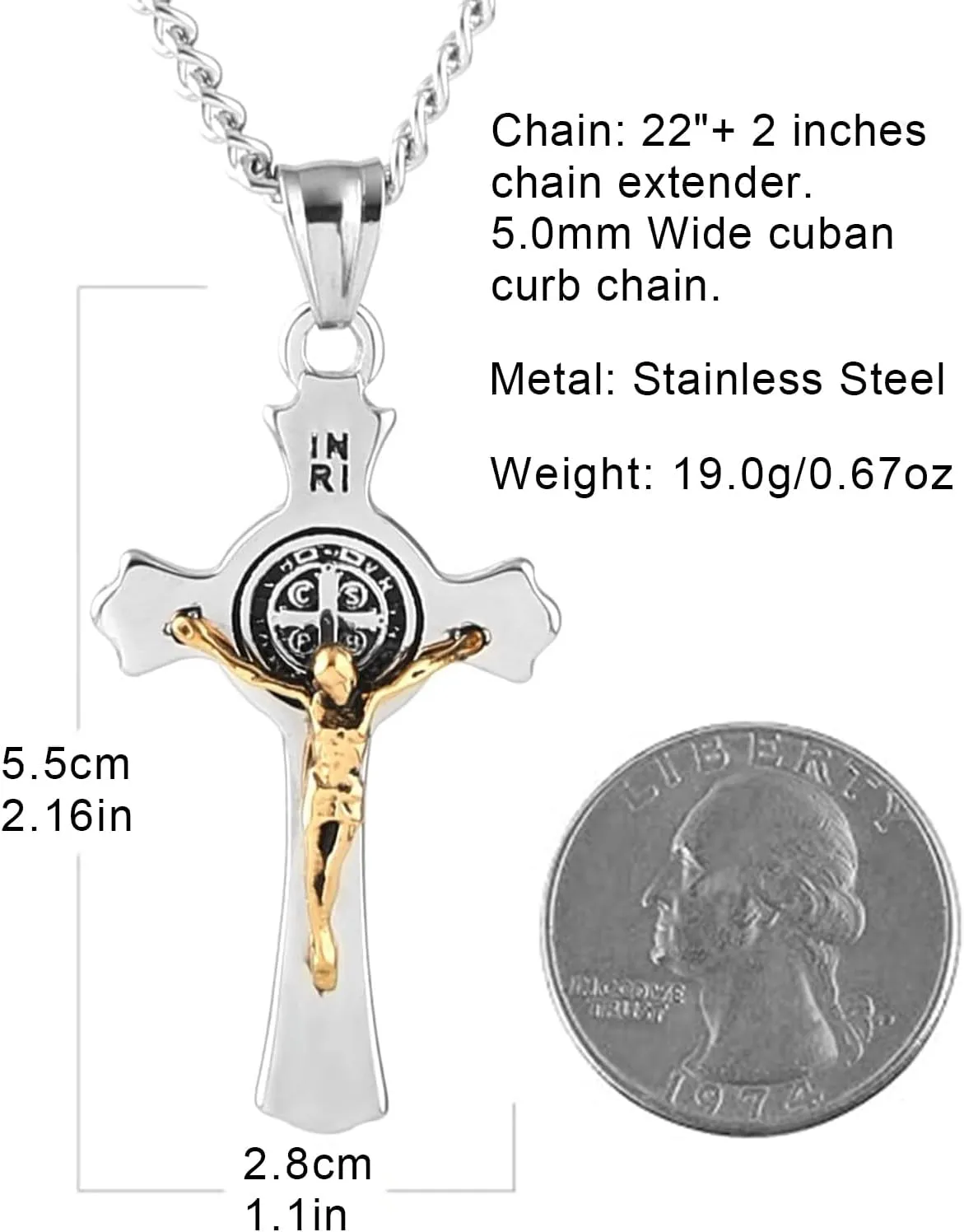 HZMAN Religion Stainless Steel Saint St St. Benedict Crucifix Cross Pendants Necklace INRI