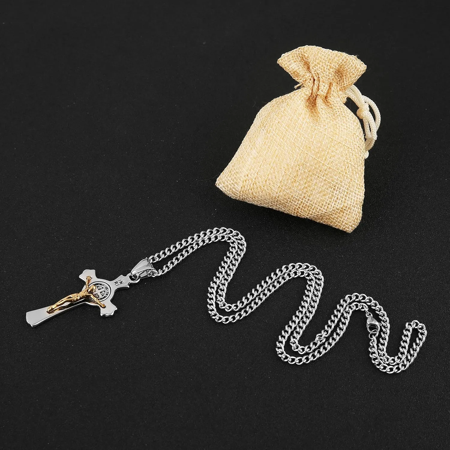 HZMAN Religion Stainless Steel Saint St St. Benedict Crucifix Cross Pendants Necklace INRI