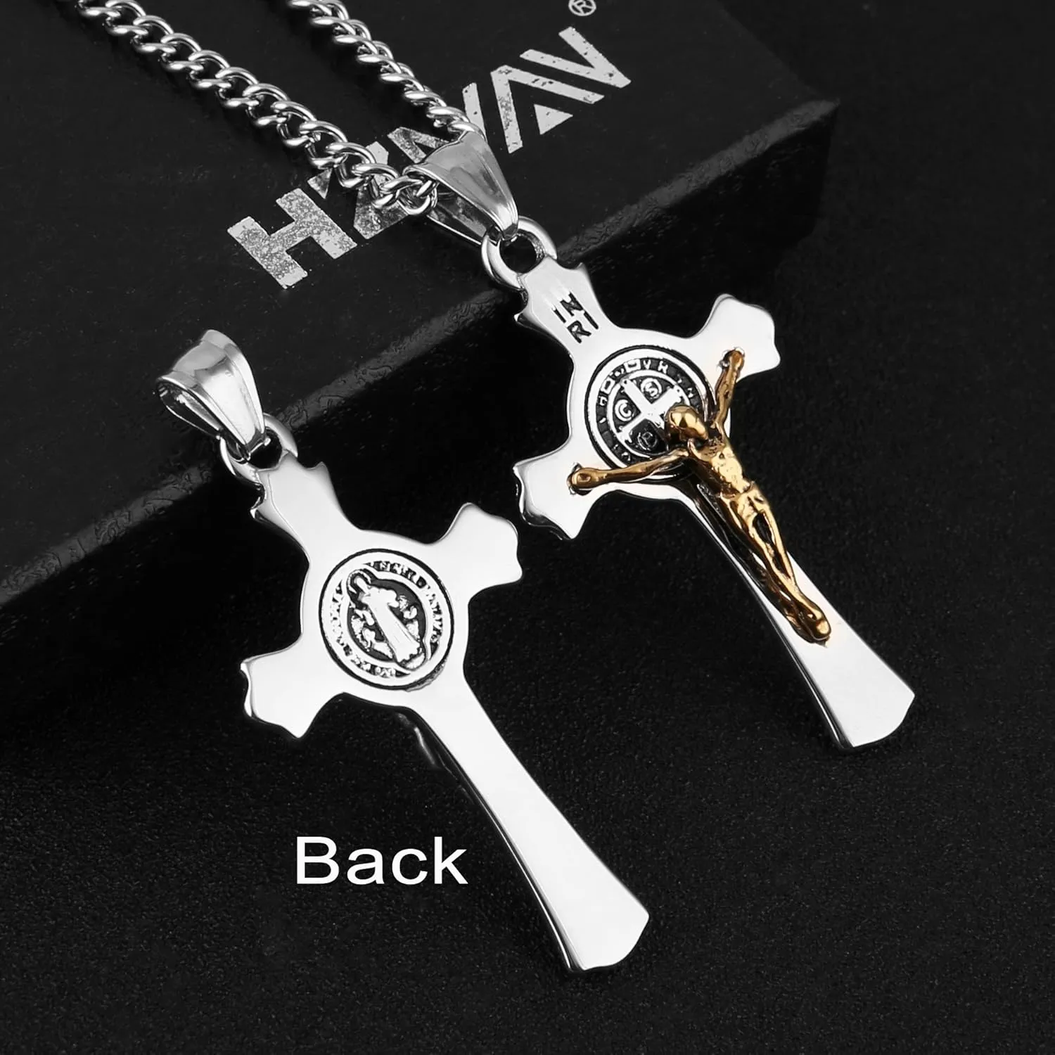 HZMAN Religion Stainless Steel Saint St St. Benedict Crucifix Cross Pendants Necklace INRI