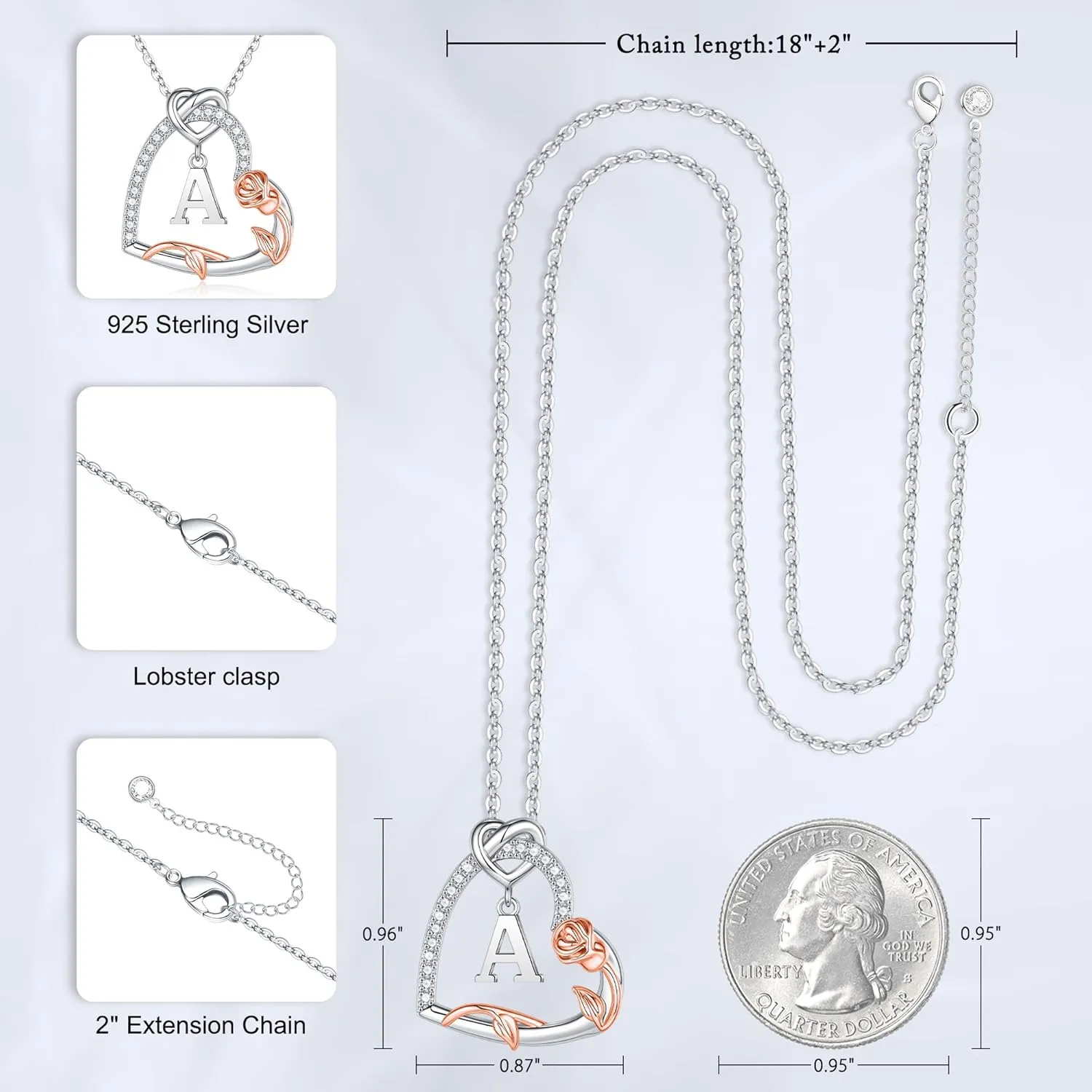 Iefil Rose Heart Necklaces Gifts for Women - 925 Sterling Silver Heart Initial Necklaces, Anniversary Birthday Gifts, Women Jewelry Gift for Wife Girlfriend Mom Daughter Her