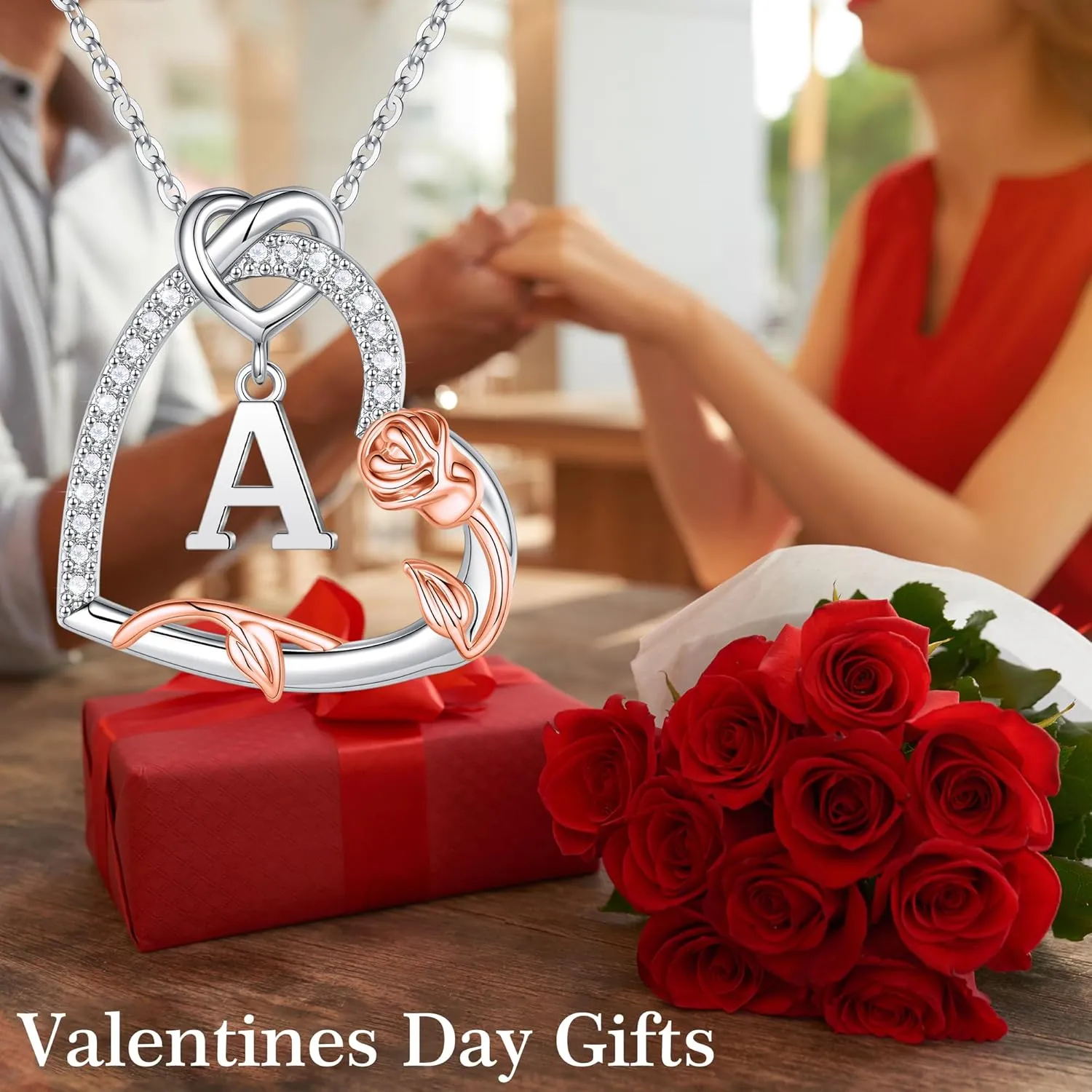 Iefil Rose Heart Necklaces Gifts for Women - 925 Sterling Silver Heart Initial Necklaces, Anniversary Birthday Gifts, Women Jewelry Gift for Wife Girlfriend Mom Daughter Her