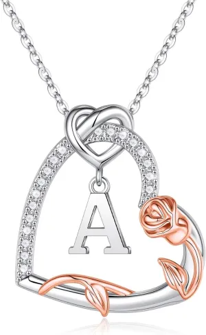 Iefil Rose Heart Necklaces Gifts for Women - 925 Sterling Silver Heart Initial Necklaces, Anniversary Birthday Gifts, Women Jewelry Gift for Wife Girlfriend Mom Daughter Her
