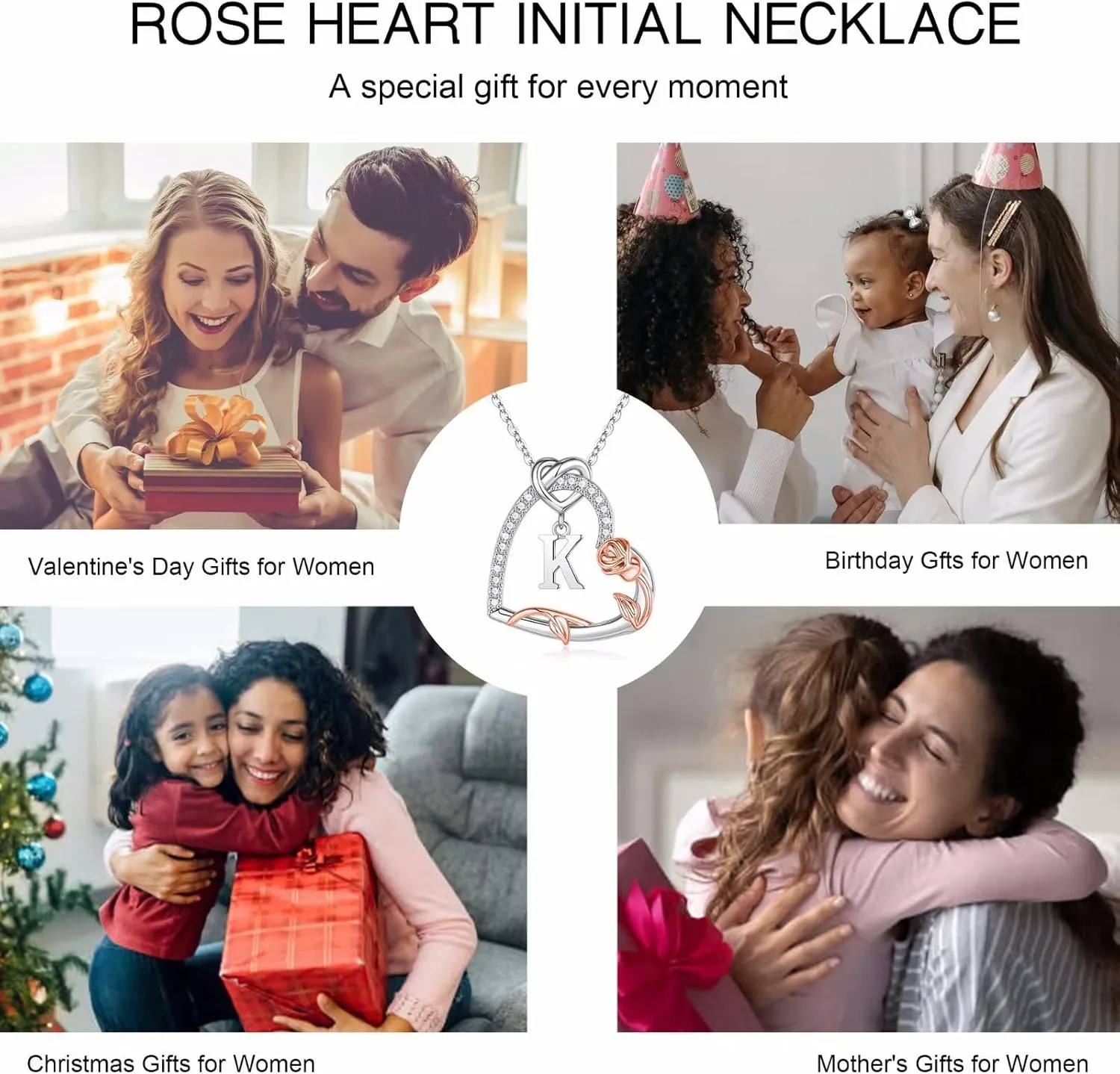 Iefil Rose Heart Necklaces Gifts for Women - 925 Sterling Silver Heart Initial Necklaces, Anniversary Birthday Gifts, Women Jewelry Gift for Wife Girlfriend Mom Daughter Her