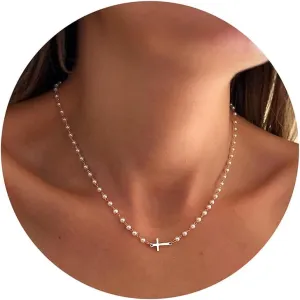 IEFWELL Cross Necklaces for Women - Dainty Gold Silver Cross Necklace for Women Trendy Simple Sideways Layered CZ Cross Necklaces Gold Jewelry for Womens Gifts